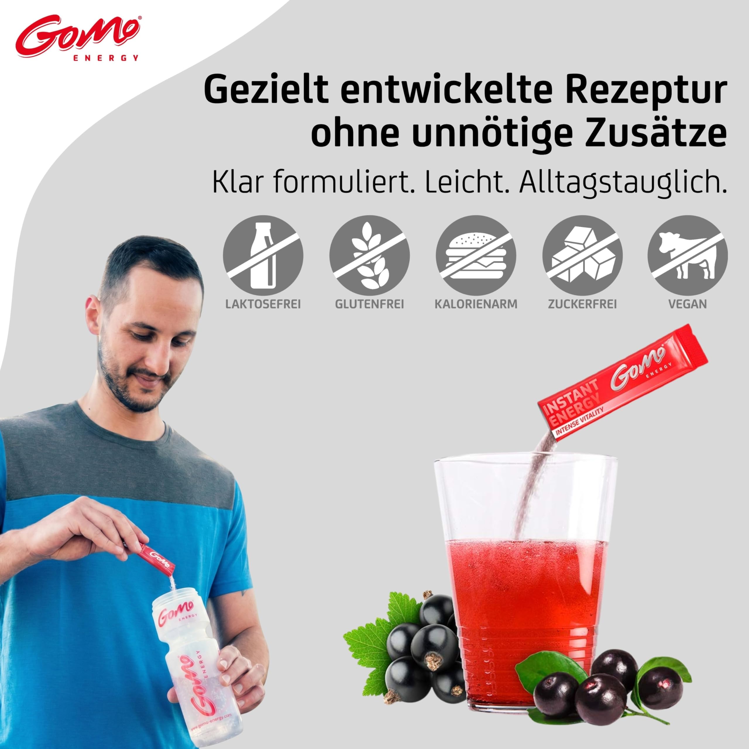 GoMo ENERGY® Energiegetränk ohne Zucker I Wachmacher mit L-Carnitin, Koffein, Vitamin-B-Komplex hochdosiert I Getränkepulver mit beerigem Holunder Geschmack I INTENSE VITALITY (100 Stk)