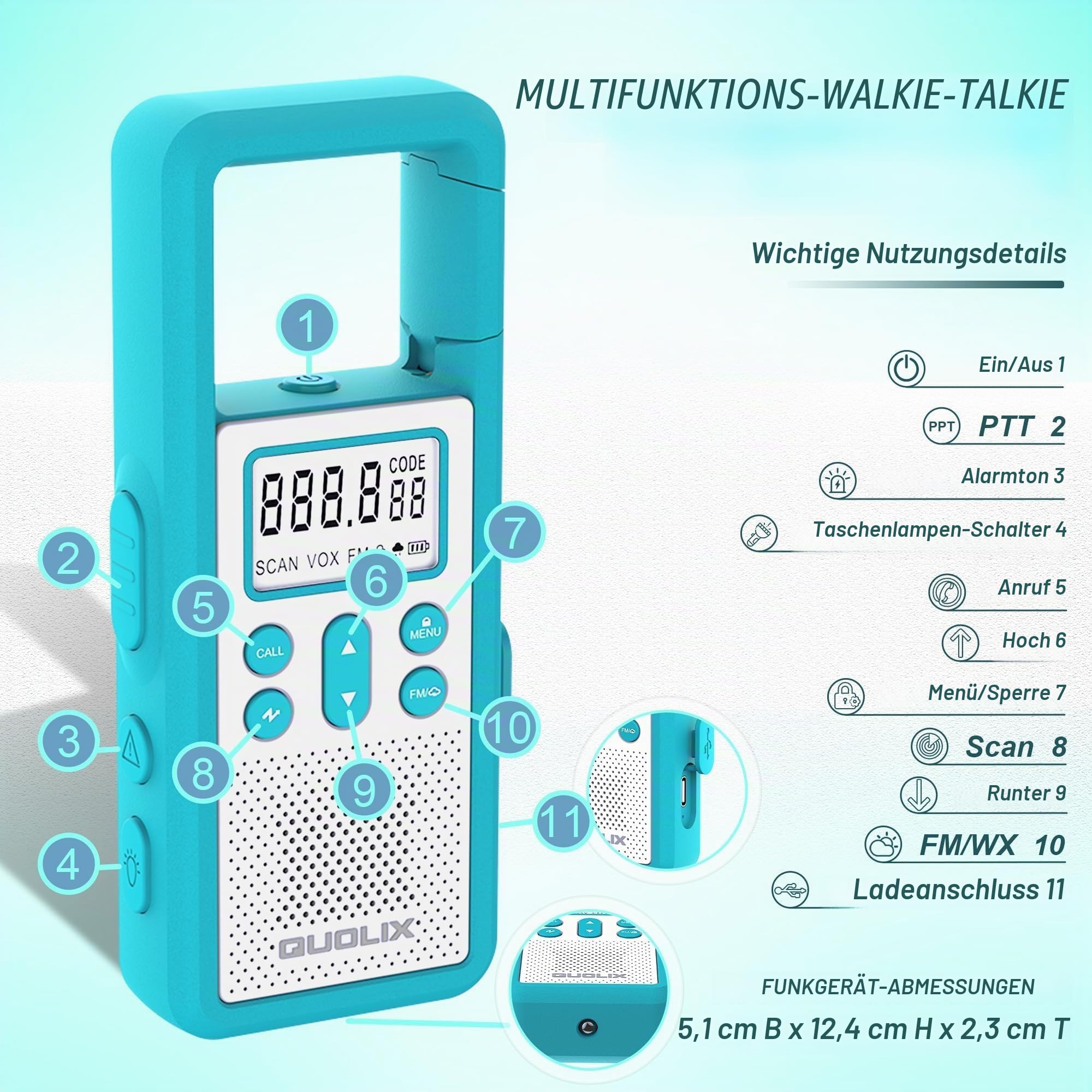 Walkie Talkie Aufladbar 4er Set, Großer Reichweite PMR Walky Talky, FM Funkgerät mit SOS Alarm & LED-Taschenlampe, Walkie Talkies für Erwachsene Mit VOX,Geeignet für Outdoor-Abenteuer,Radfahren,Reisen