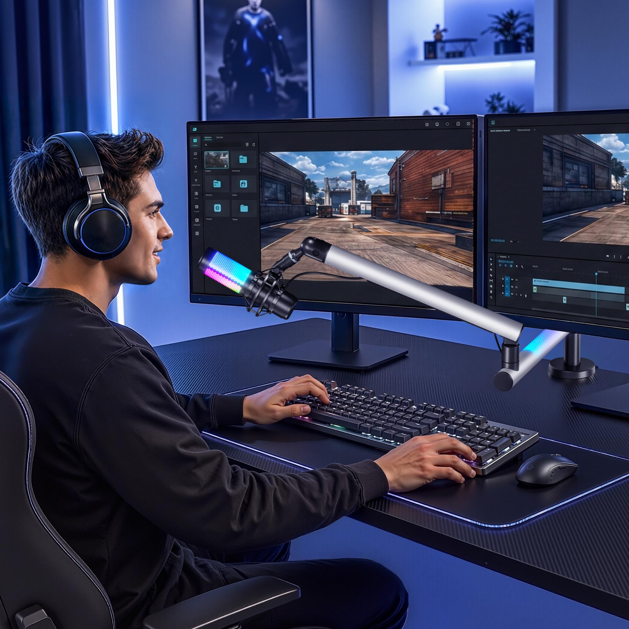 ARES WING Braccio per Microfono da Gioco con luce RGB | Supporto per microfono rotazione a 360°, compatibile con adattatori 3/8"-5/8", per podcast, streaming, gaming e uso domestico