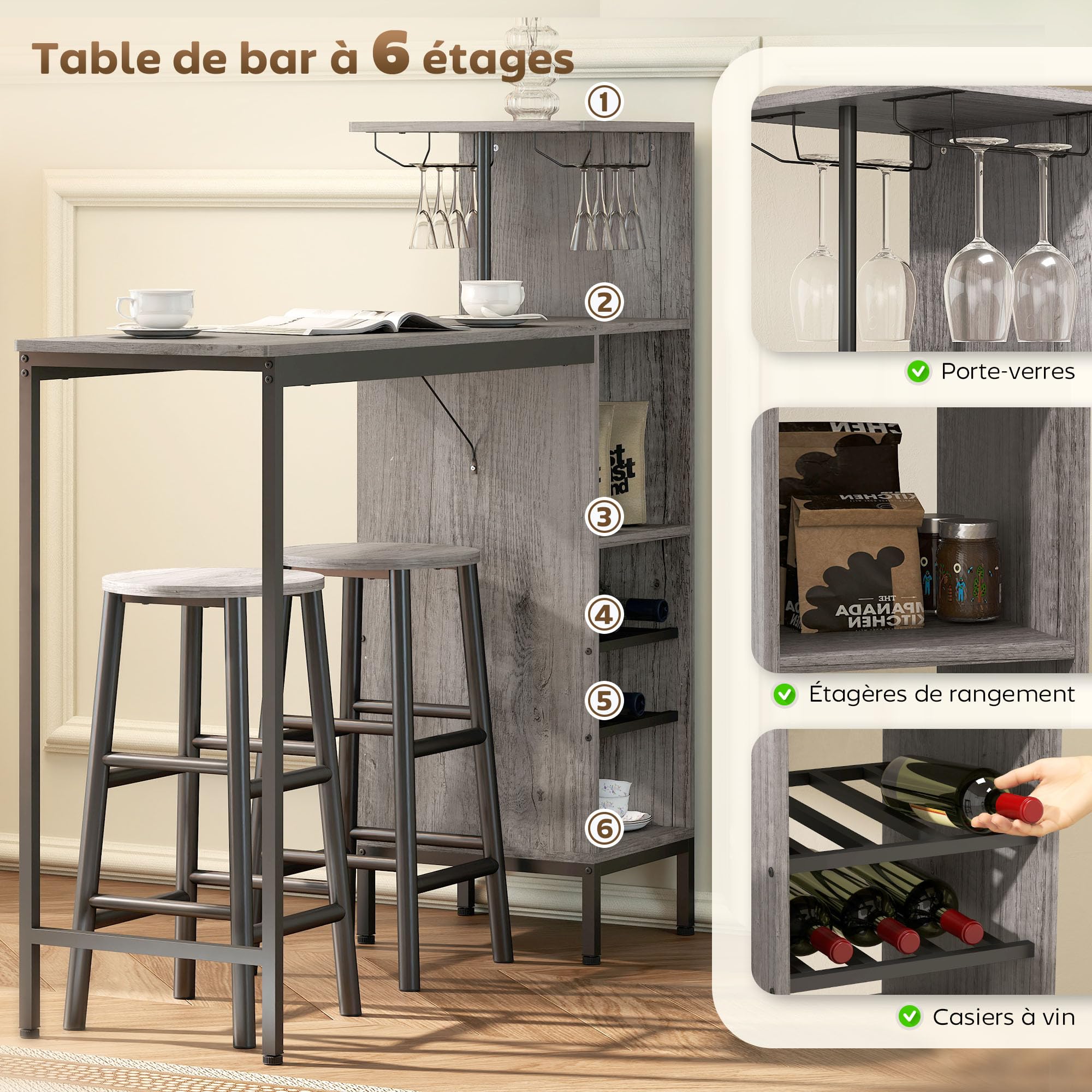 HOMCOM Ensemble Table de Bar avec Tabourets 2 Chaises Effet Bois Naturel | Table à Manger Debout, Chaises Rondes avec Repose-Pieds, Étagères de Rangement, Casiers à Vin, Porte-Verres