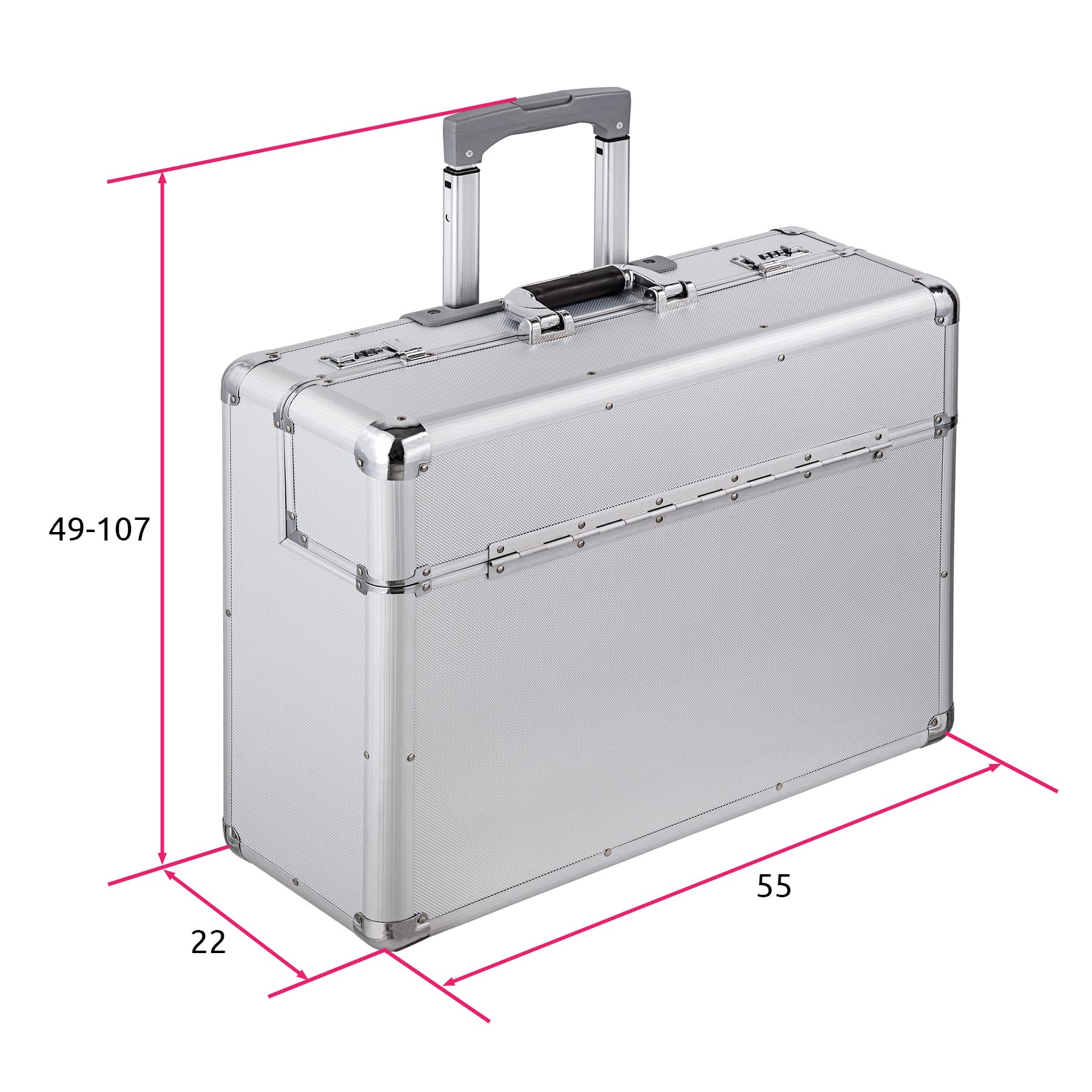 tectake 401232 XL Pilotenkoffer, Zwei Zahlenkombinationsschlösser, mit Rollen, Totalmaße 55x49x22cm, Silber