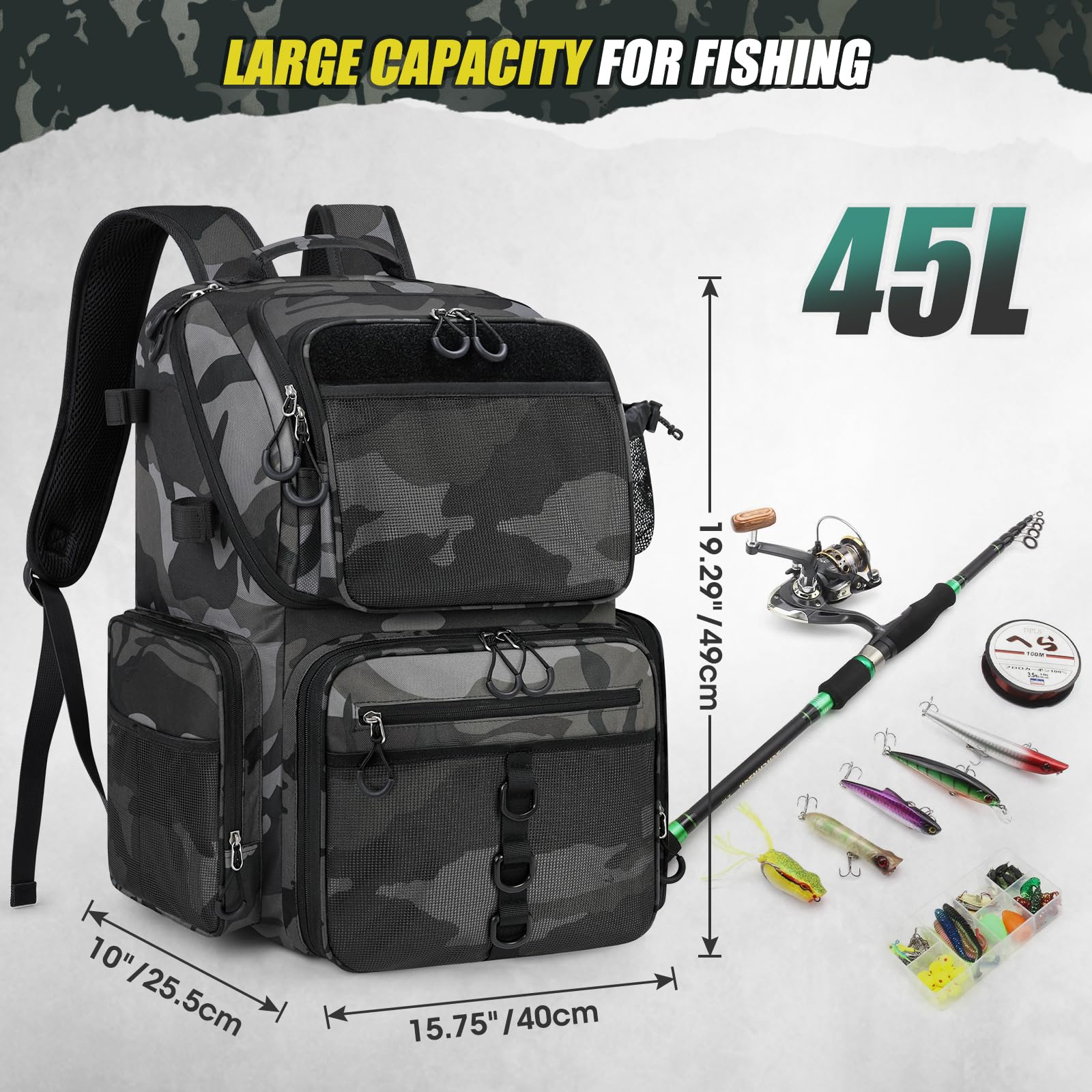 RAINSMORE Mochila de Pesca 45L con Soporte para Cañas y Funda de Lluvia, Impermeable Bolsa de Aparejos Gran Capacidad para Pescadores, Camuflaje