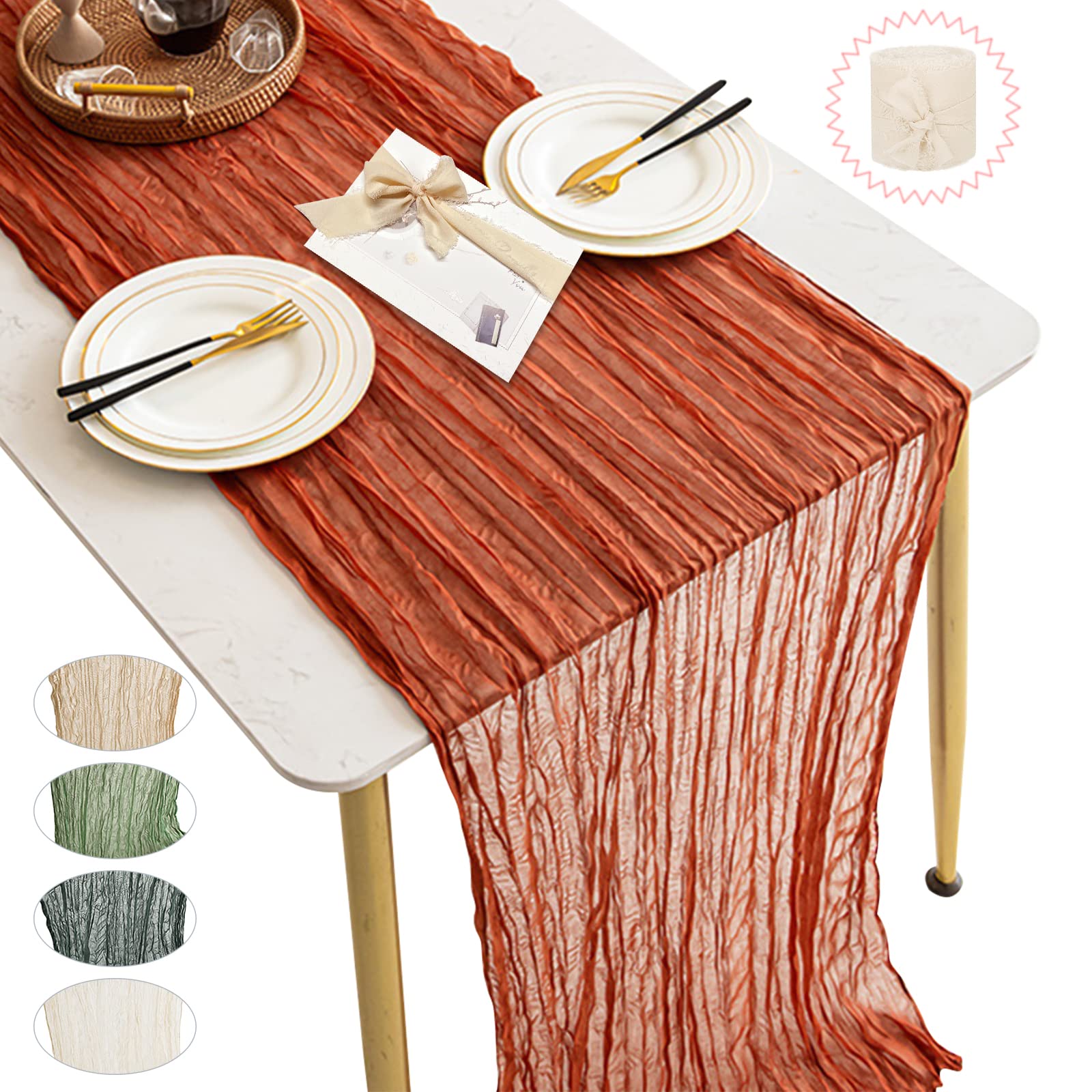 2pcs Boho Table Decor - 1pcs 10FT 120in Long Terracotta Cheesecloth Table Runner with 1pcs 5Yd Chiffon Ribbon, Terracotta Gauze Table Runner for Dinner, Birthday Party, Baby Shower, Wedding