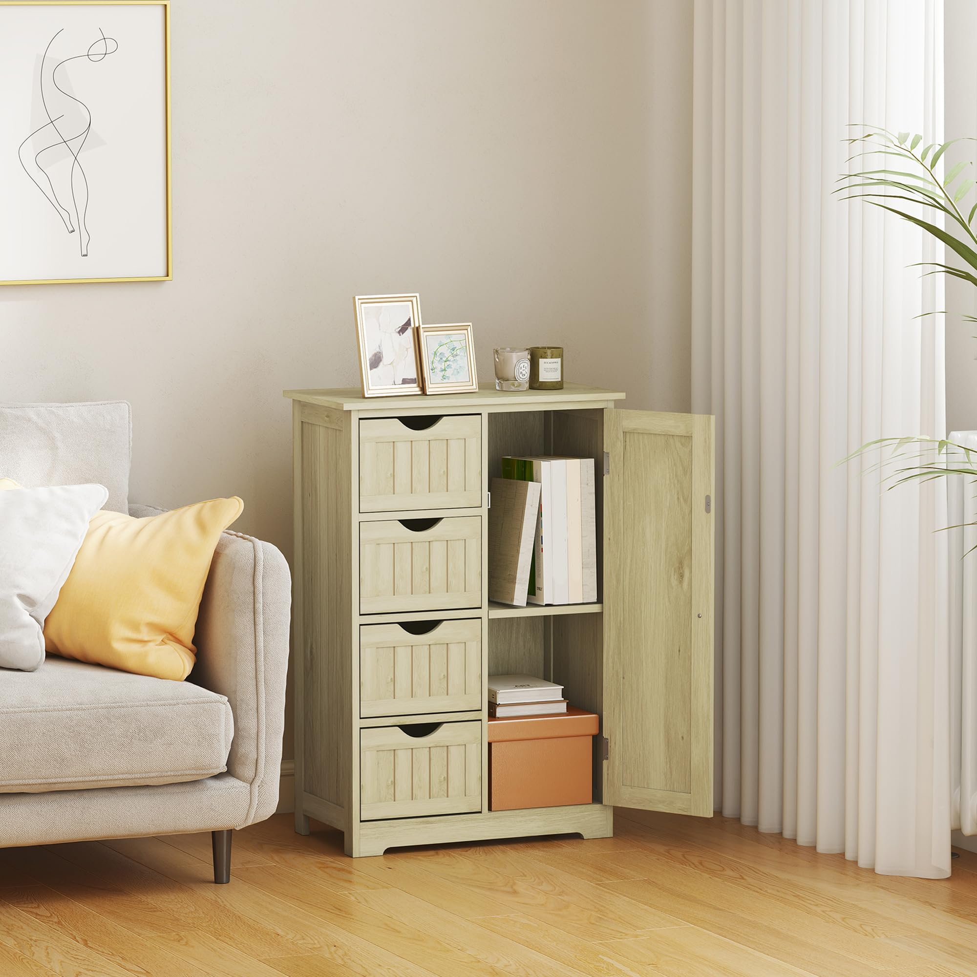 kleankin Armario de Baño Mueble Auxiliar Baño con 4 Cajones 56x30x83 cm | Estante Ajustable, Estilo Moderno, para Espacios Pequeños, Estrecha, Madera Natural