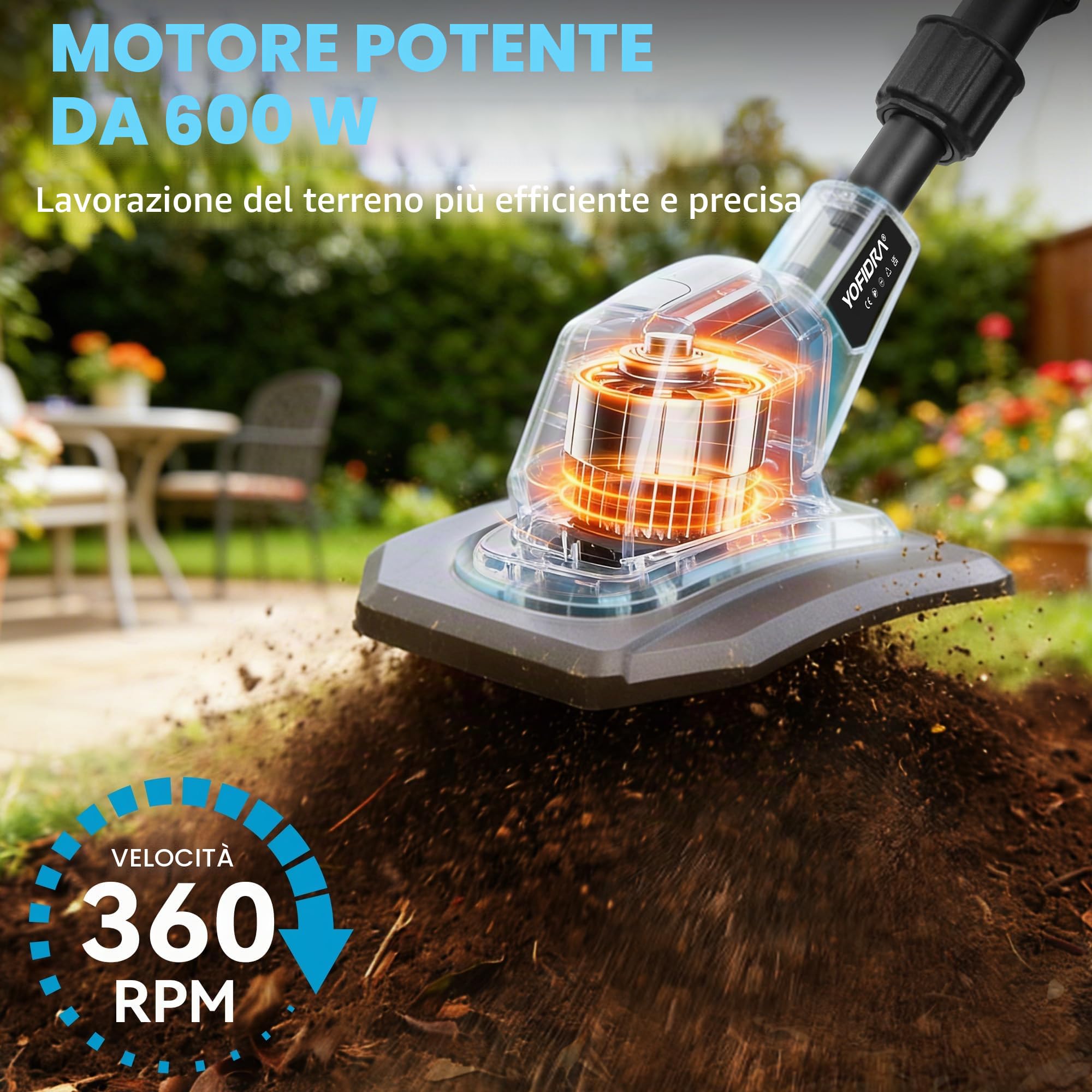 Yofidra Motozappa elettrica - Zappa a batteria da 600 W, larghezza di lavoro 23 cm, profondità 17 cm, display a LED, 2 batterie da 2,0 Ah, fresa da giardino con 4 lame da 12 denti