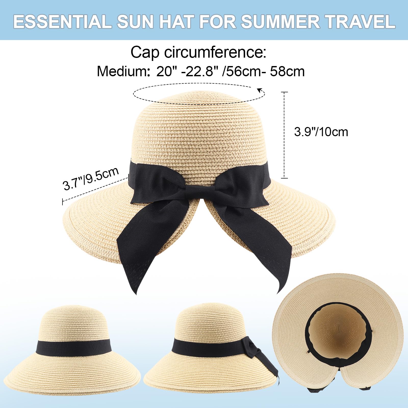 DRESHOW Bowknot Chapeau de Soleil pour Femme Bord Large Chapeau de Soleil de Pplage Pliable pour l'été Chapeau Sarouel en Paille à Large Bord avec Nœud UPF 50+