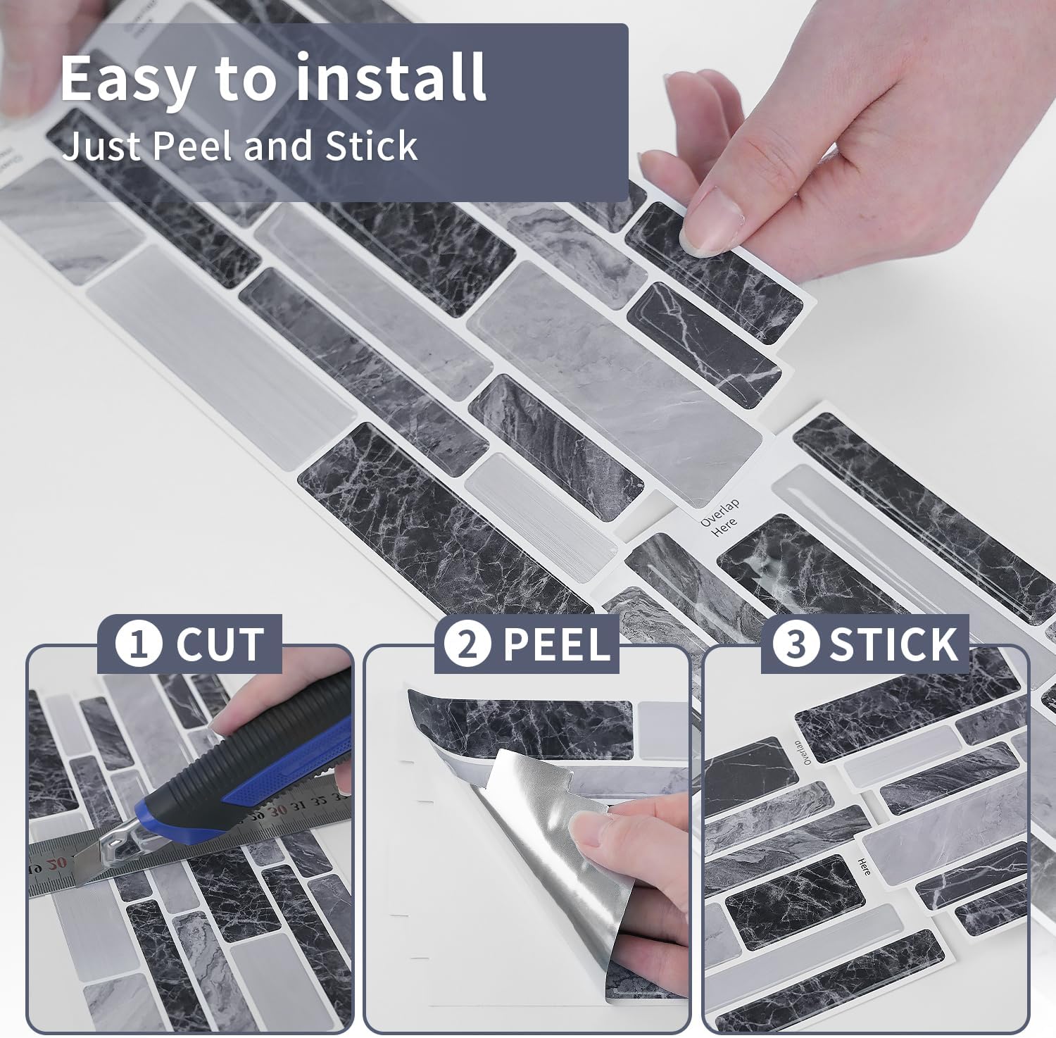 20-Sheet Peel and Stick Backsplash Tiles, 3D Tile Stickers, Waterproof Kitchen/Bathroom Wall Decor for Home Vinyl Decorative Marble Tiles