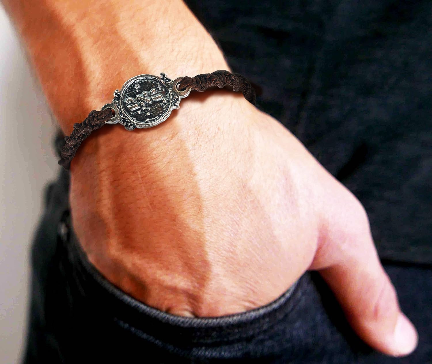 Prosperity 72 Names of God Sterling Silver Charm on Hand Woven Brown Bracelet - Adjustable for Men