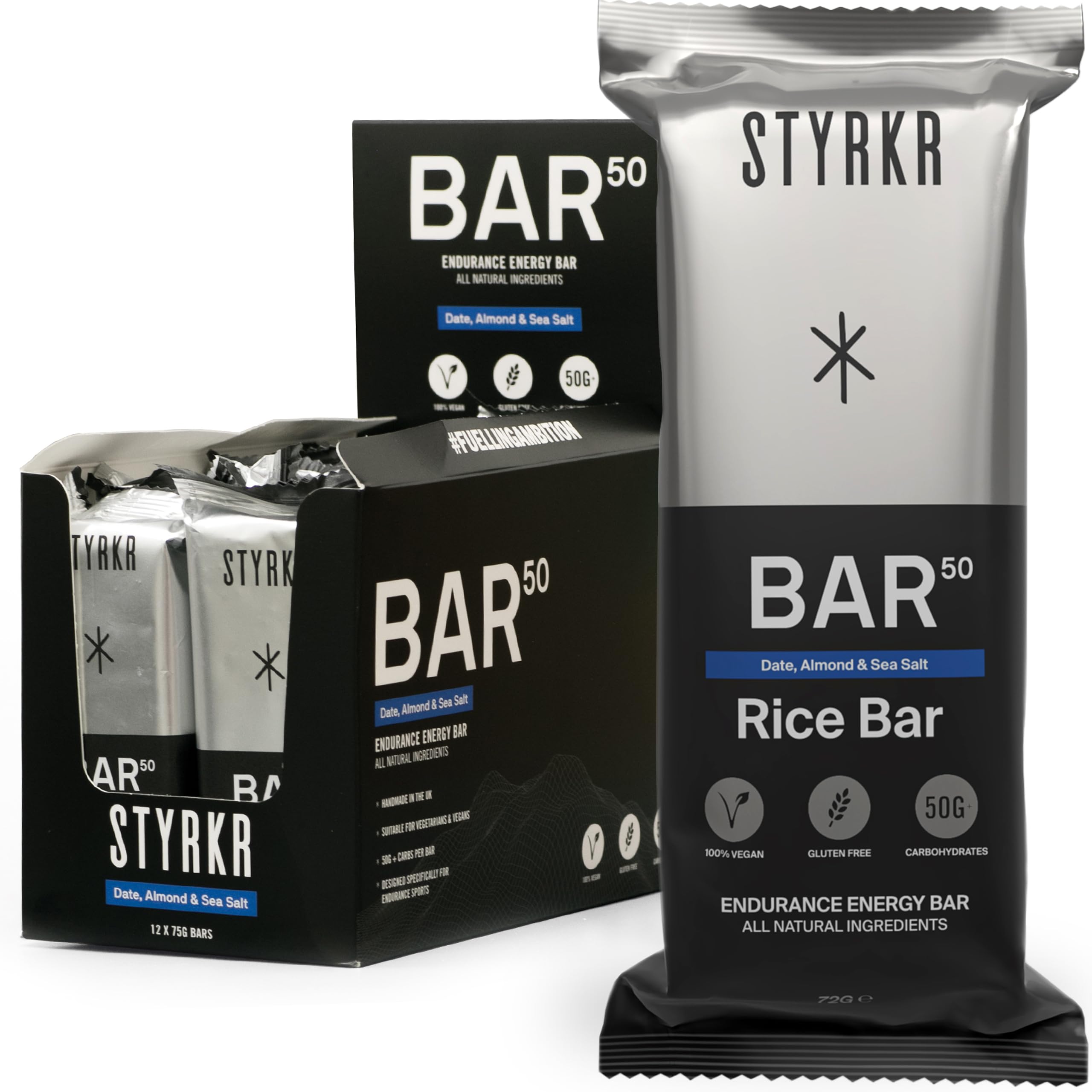 STYRKR Energy Bars - Pack of 12 Rice Bars for Cycling & Running - Date, Almond & Dark Chocolate - Approved by Endurance Athletes - 50g of Carbs via Advanced Dual-Carb Formulation - BAR50 - 12x