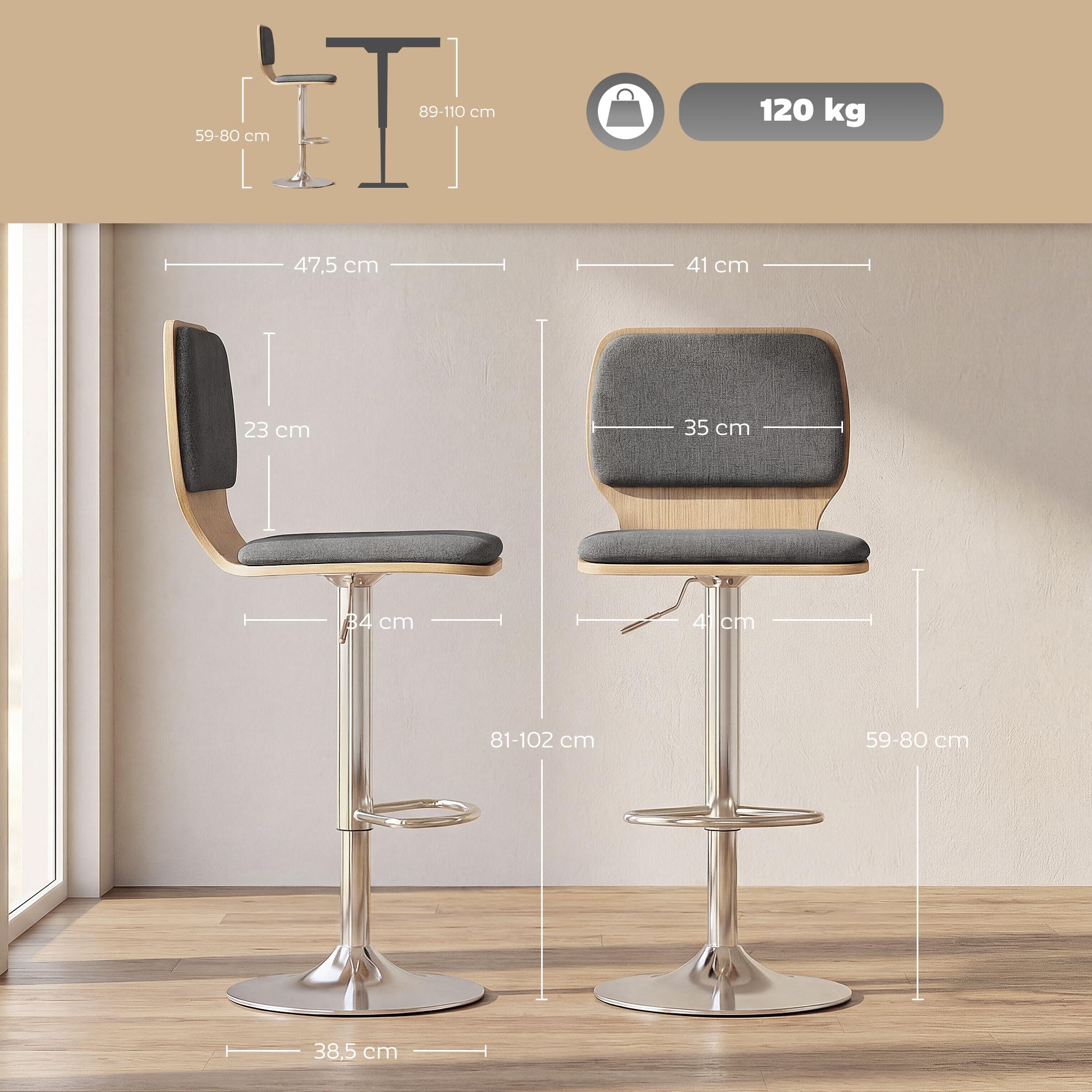 HOMCOM 2 taburetes de Bar Regulables en Altura 41x47.5x81-102cm Gris