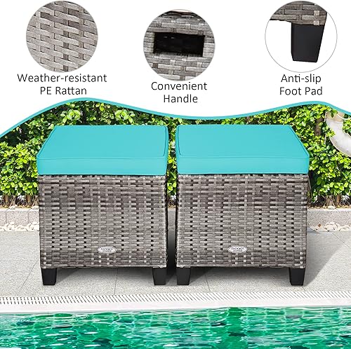 Miniatura 6 de Tangkula Juego de 2 otomanas de ratán para patio, reposapiés de mimbre para exteriores, con cojines suaves y marco de acero, juego otomano de patio