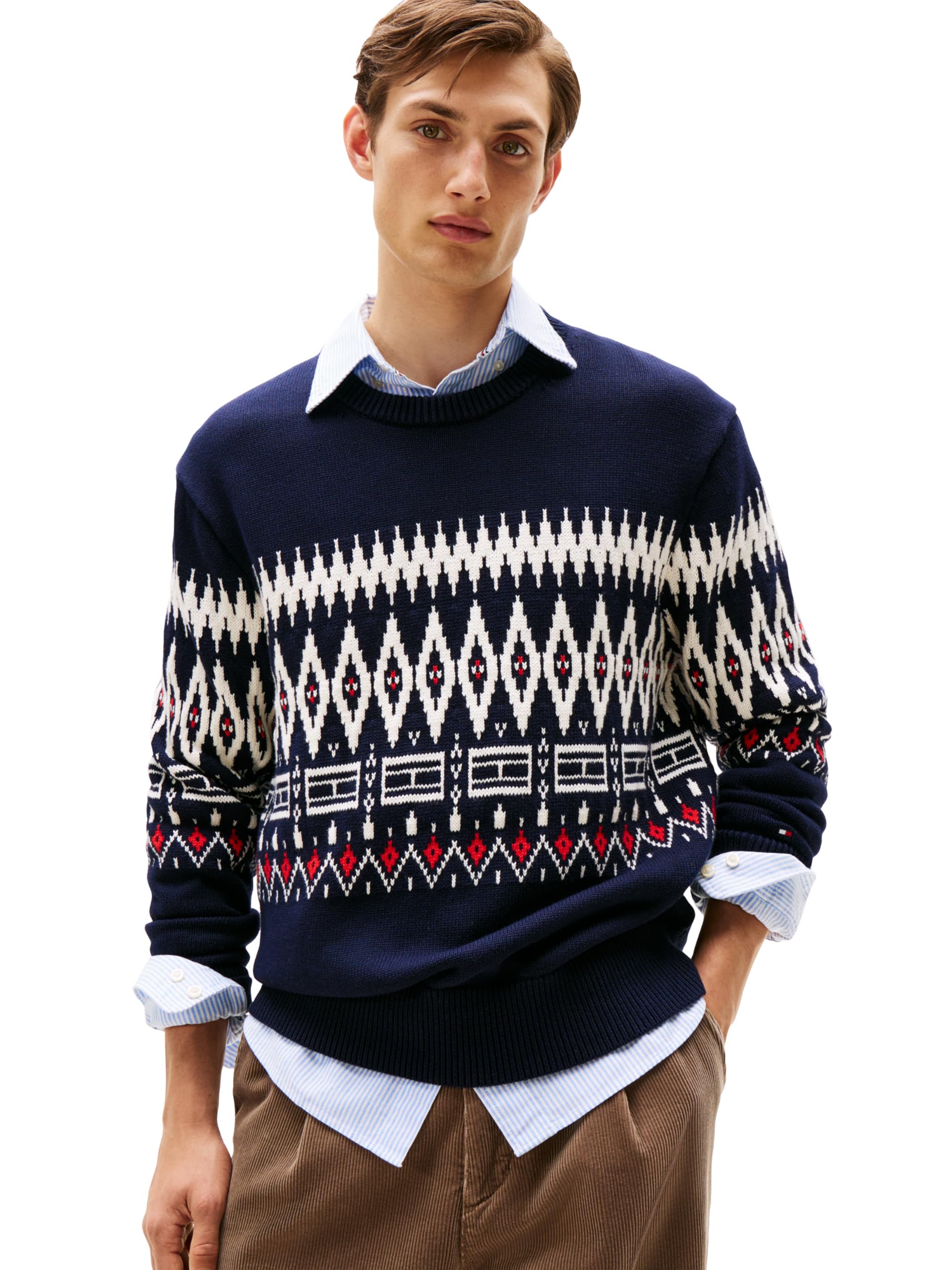Tommy Hilfiger Men's Fairisle Cotton Crewneck Sweater Lightweight Pullover, Desert Sky/Ivory Petal, L