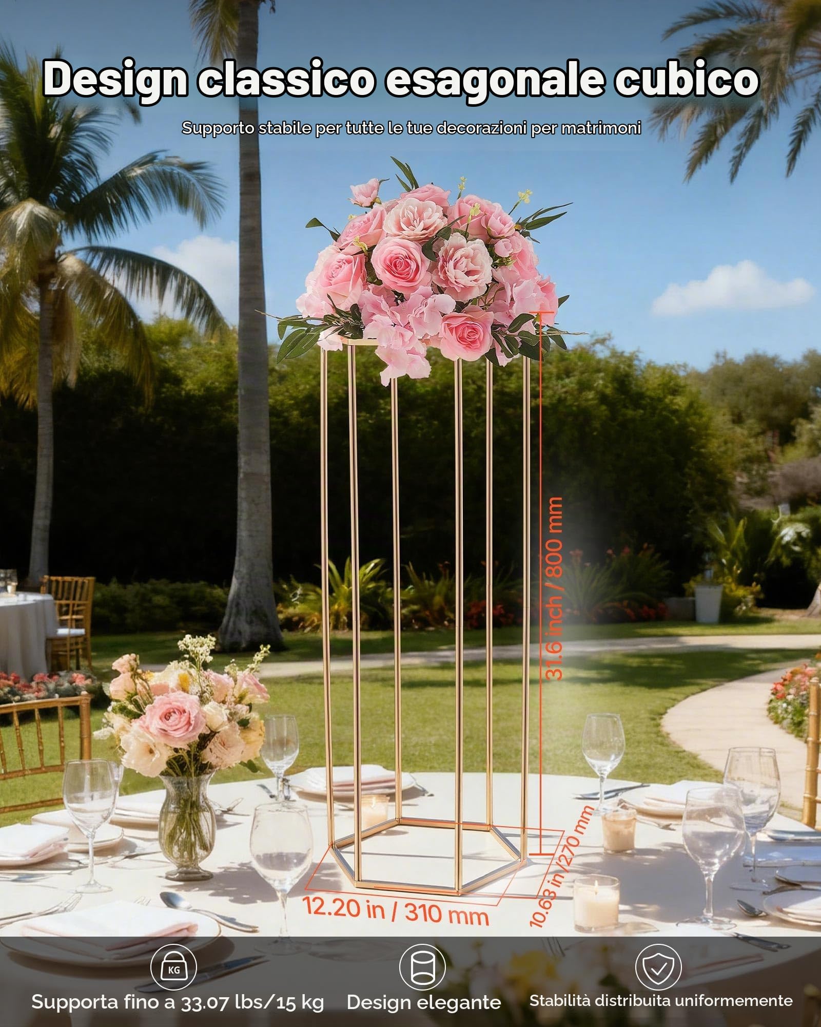 VEVOR Portafiori da Matrimonio 10 Pezzi da 80 cm, Cubico Esagonale con Laminato Acrilico, Espositore Floreale Cubico Cilindrico per Matrimoni, Feste, Compleanni, Casa, Centrotavola Oro Francese