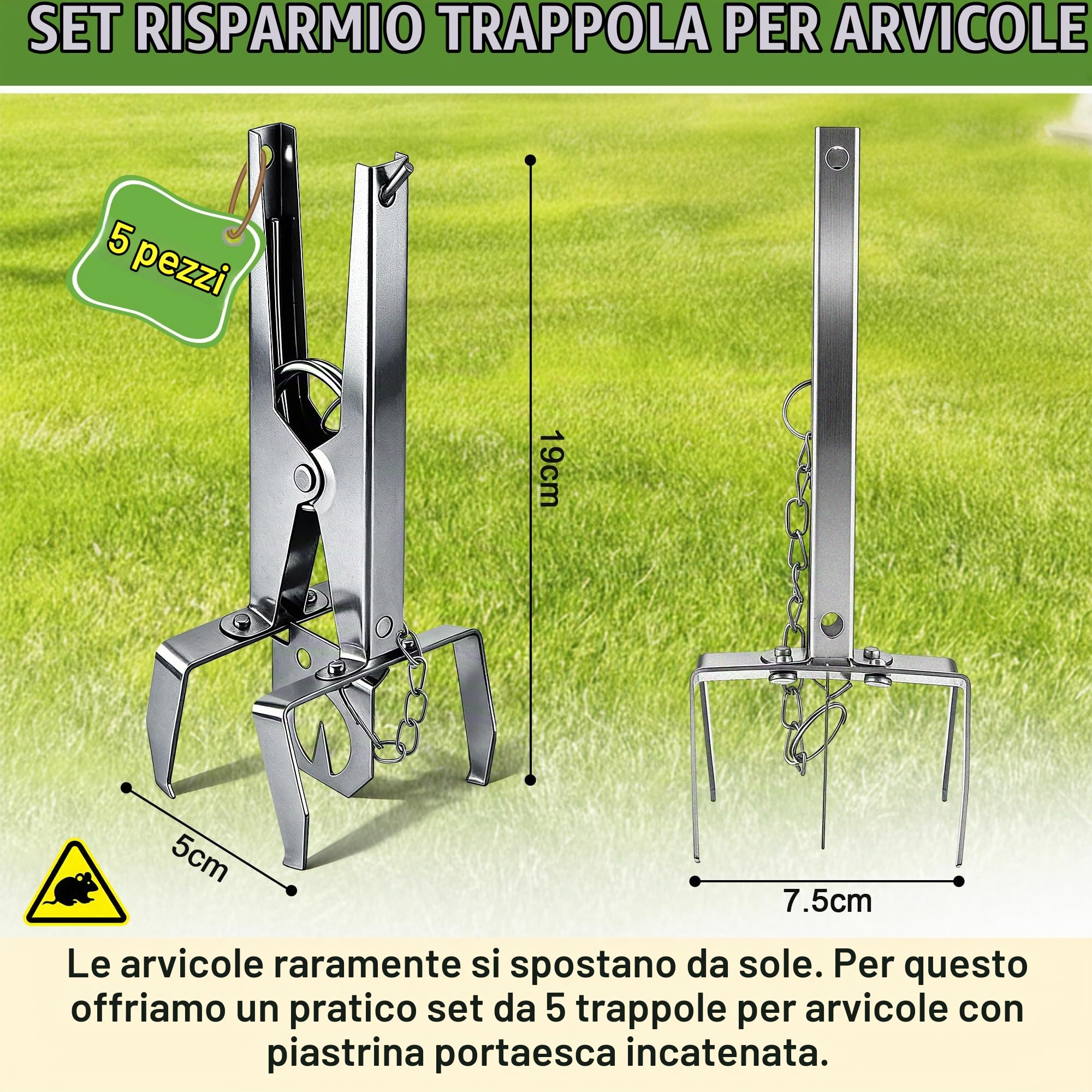 Enhon Trappola per arvicole con catena, 5 pezzi - Affilata e riutilizzabile - Trappola per arvicole con clip - Cattura su entrambi i lati | Efficace trappola per topo campagnolo per giardino e prato