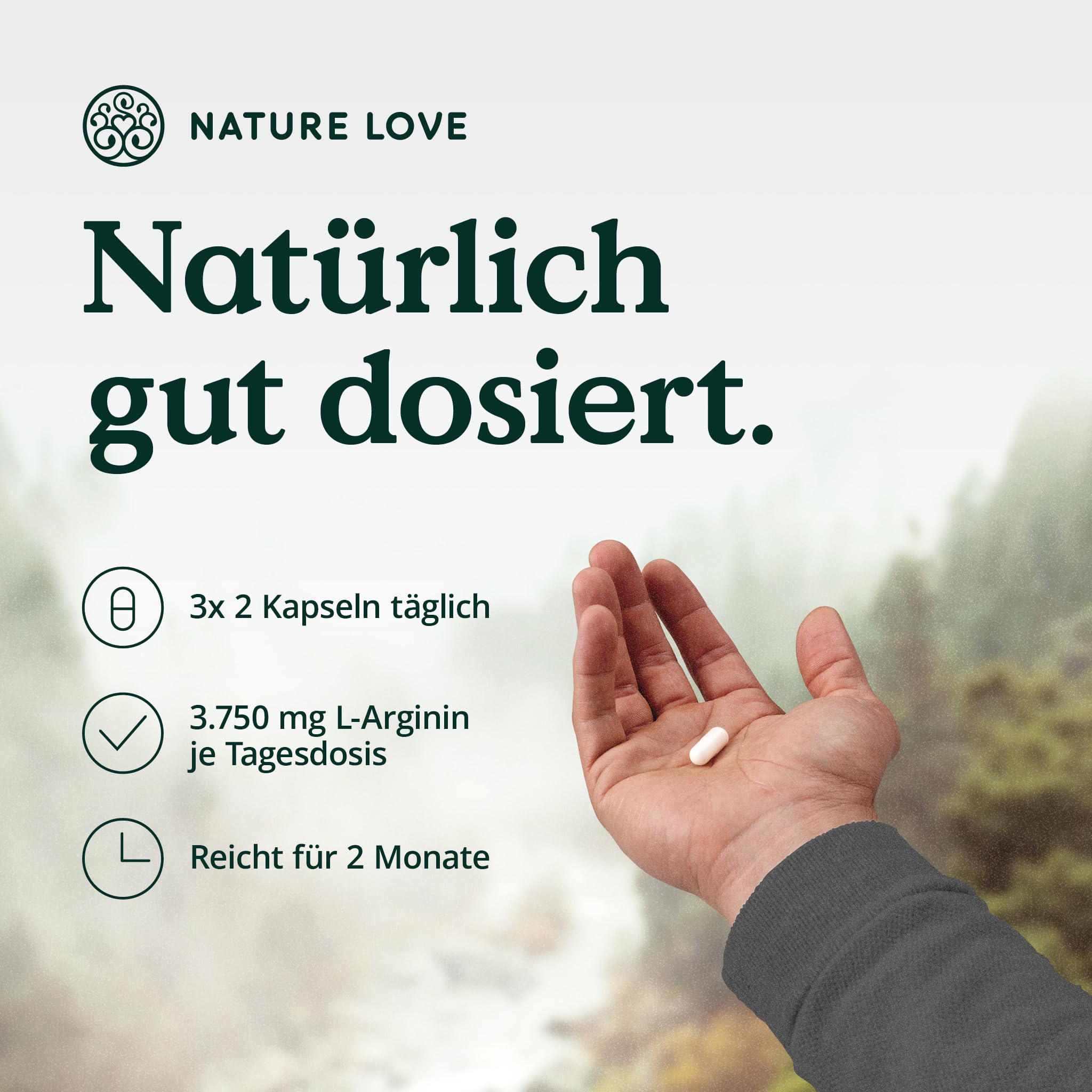 NATURE LOVE® L-Arginin - 365 Kapseln - Hochdosiert: 4500mg HCL (davon 3.750 mg Arginin) je Tagesdosis - In Deutschland produziert, vegan, laborgeprüft