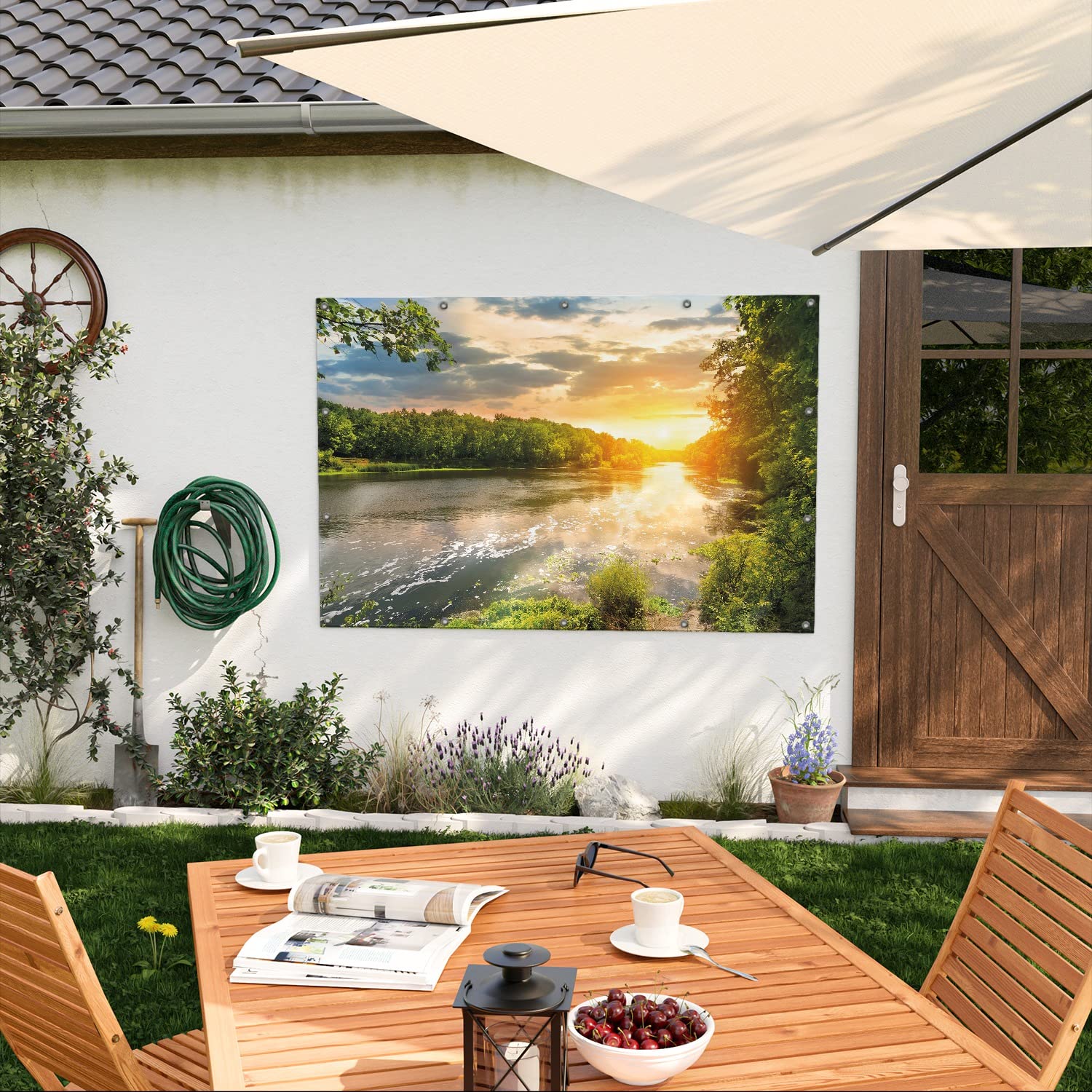Wallario Outdoor-Poster für Garten oder Balkon Sonnenuntergang am Fluss in grüner Umgebung, Motivbanner Größe: ca. 120 x 180 cm, Outdoor-Bild