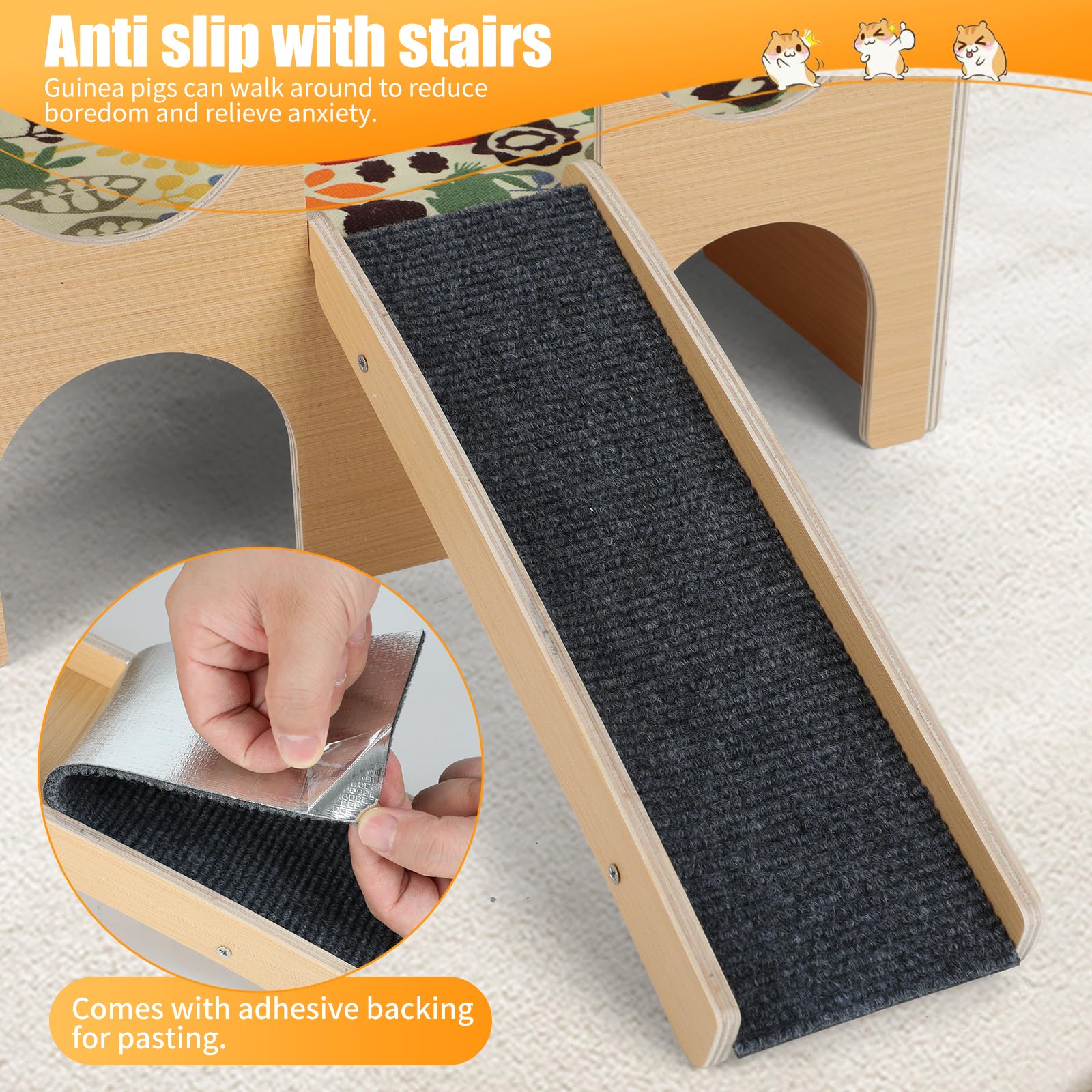 Wooden Guinea Pig House, Hideout Hut with 4 Caves and Stairs, Detachable Guinea Pig Castle with Ramp&Anti-slip Mat & Cushion - Image 4