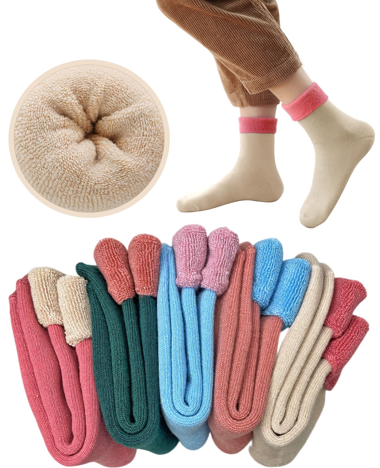 VoJoPiWomen Thermal Socks, 5 Pairs Warm Winter Thick Cushioned Cozy Ladies Boot Socks for Hiking Walking, UK 4~8