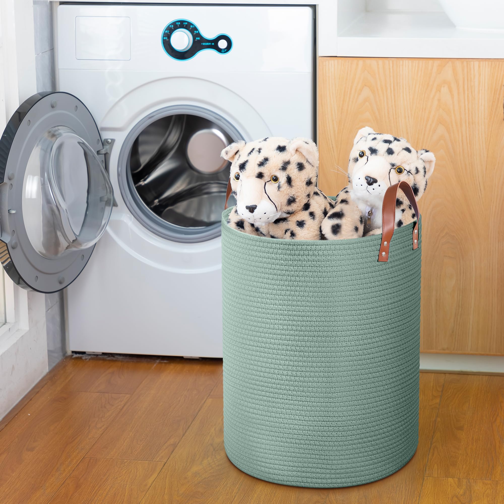 Grande cesto portaoggetti in corda intrecciata da 80 l, con manici in pelle, per giocattoli per cani, camera da letto, cameretta dei bambini, cesto portabiancheria alto 40,6 x 50,8 cm (verde)