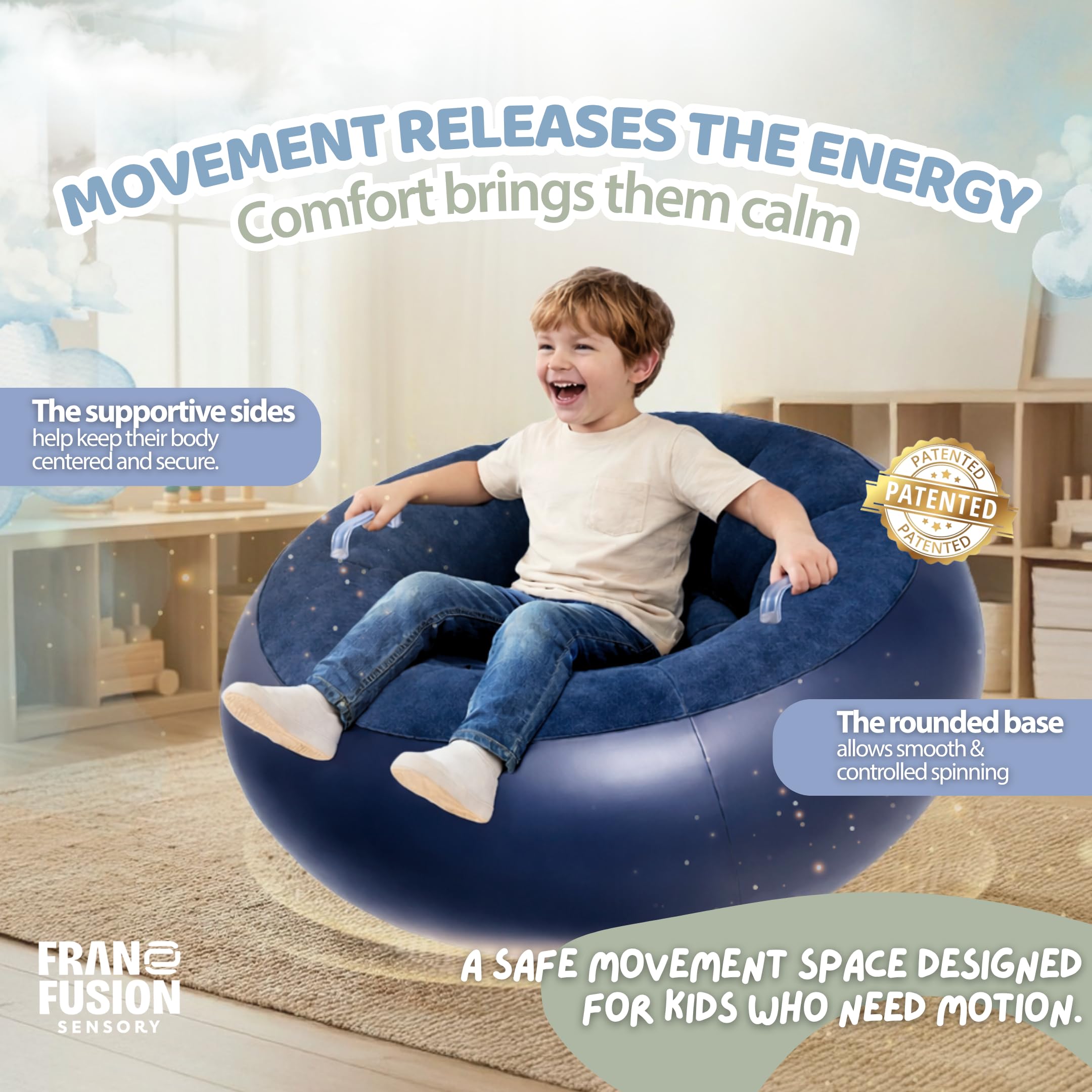 CalmOrbit Inflatable Sensory Spinning Chair for Kids, Sensory Toys for Kids with Autism & ADHD, Giftable 360 Spin Rocking Chair, Kids Sensory Chair, Autism Sensory Products for body coordination, Blue — view 4