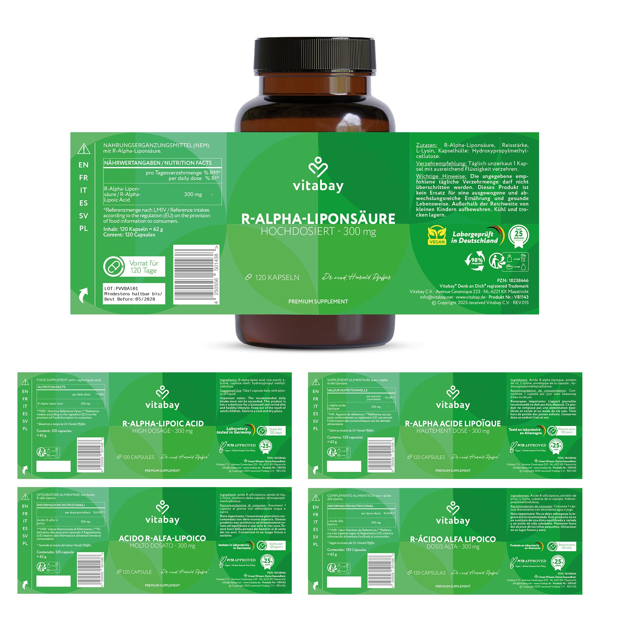 Vitabay R-Alpha Liponsäure 300 mg – 120 Kapseln hochdosiert & vegan – Alpha Lipoic Acid – Laborgeprüft in Deutschland – Vorrat für 4 Monate