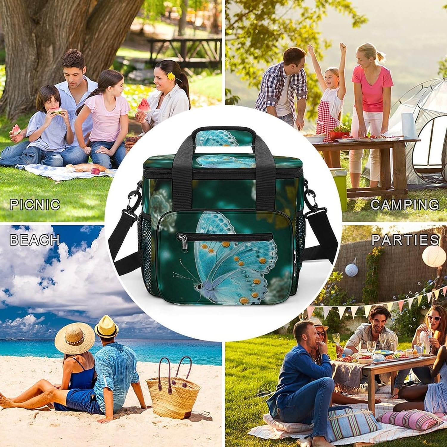 Light Blue Butterfly Cooler Bags Portable Soft Cooler Bag Lightweight Ice Chest Insulated Lunch Bags Camping Cooler Bag Cooler Lunch Tote Coolers for Picnic Travel Beach