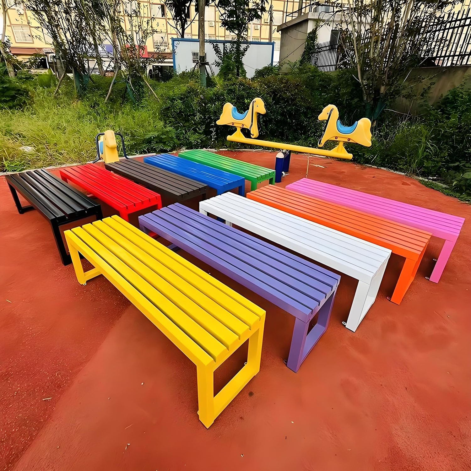 Banco de patio de metal para 2 personas resistente a la intemperie de 59 pulgadas, asiento al aire libre sin respaldo para jardín, porche y patio trasero, piel de parque fácil de insertar