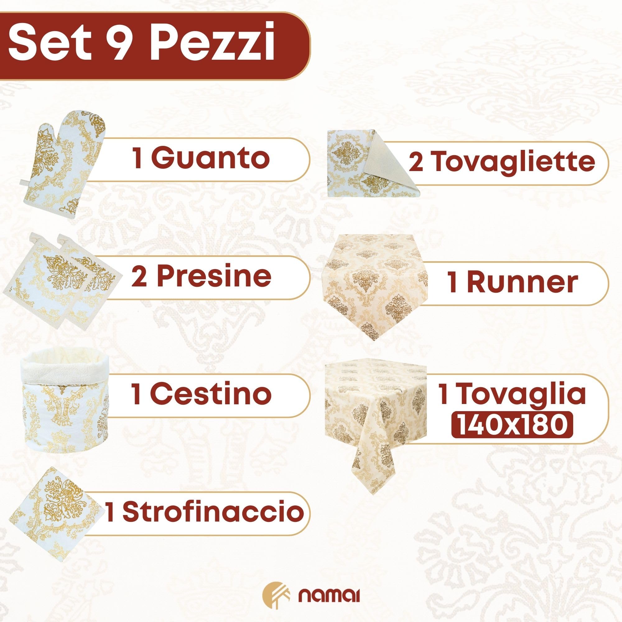 NAMAI - Set 9 Pezzi Danubio Blu Lurex, 100% Cotone, Lavabili in Lavatrice, Resistenti al Calore, Tovaglia Cotone 140x180, Runner Tavolo, Set Presine da Cucina e Strofinacci (Set Con Tovaglia 140x180)