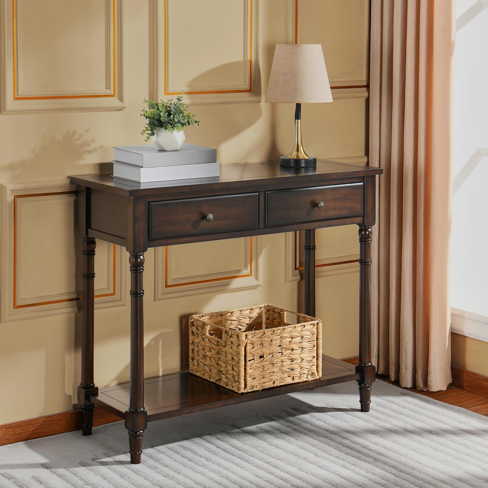 Consolle con cassetti portaoggetti, consolle sottile per corridoio, tavolo compatto da esposizione, tavolo da salotto o ingresso, facile da montare, marrone ciliegia SFZ-004-DC