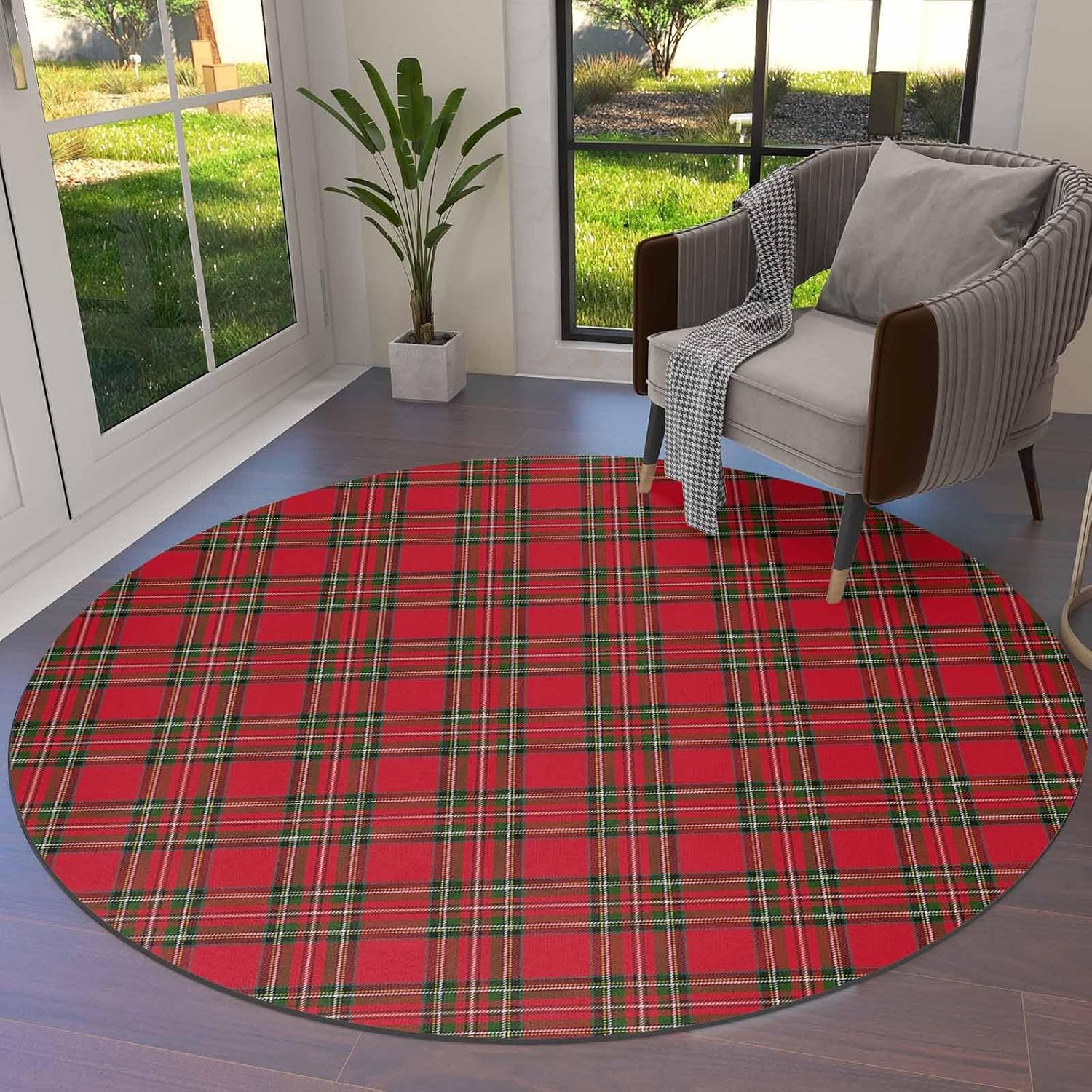 Christmas Round Area Rug 5ft Red Green Plaid Rug Soft Sofa Nursery Carpet Floor Mat Non Slip Area Rugs for Indoors/Outdoor Living Room Bedroom Dining Room Patio Xmas Buffalo Checkered