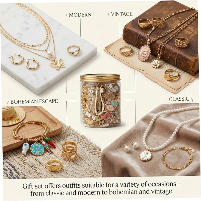 mystery jewelry jar vintage|20PCS Mystery Jewelry Jar Vintage, Gold Assortment Earrings, Necklaces, Rings, Hair Clips for Women, Gold