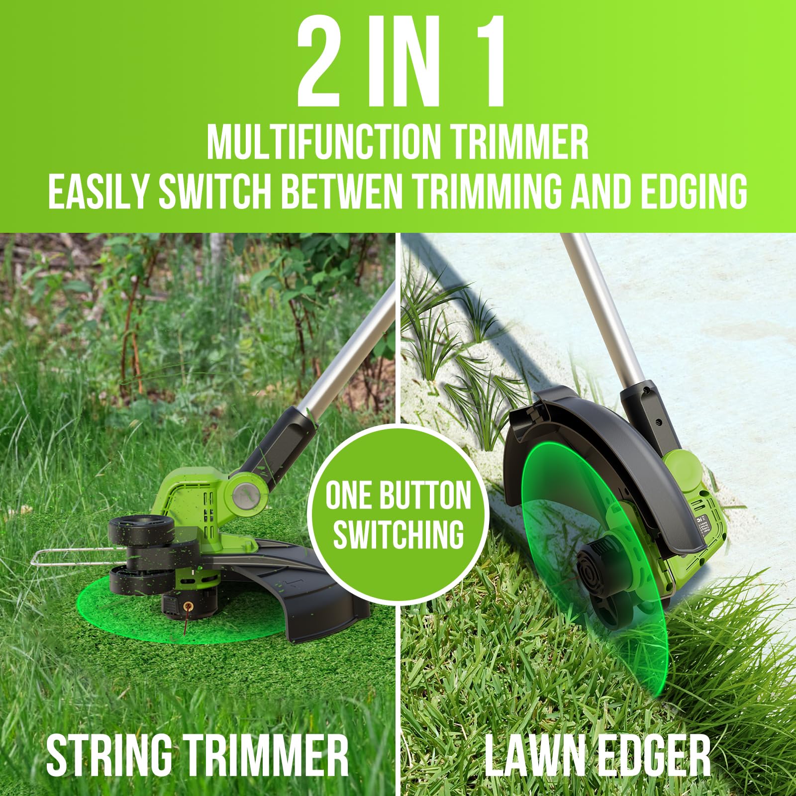 Condition photo showing New/Like New for varsk 12 inch 20v cordless weed wacker with automatic line feed, 2 in 1 string trimmer and edger, includes 2 x 2.0ah batteries/1 x charger/6 x replacement spools, weed eater for lawn, garden, etc