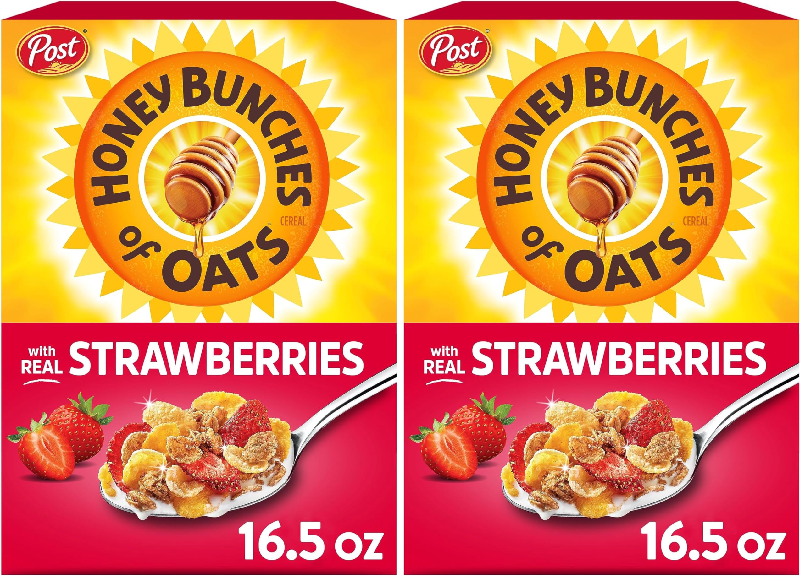 Post Honey Bunches of Oats with Strawberries Breakfast Cereal, Honey Oats and Strawberry Cereal, 16.5 OZ Box (Pack of 2)