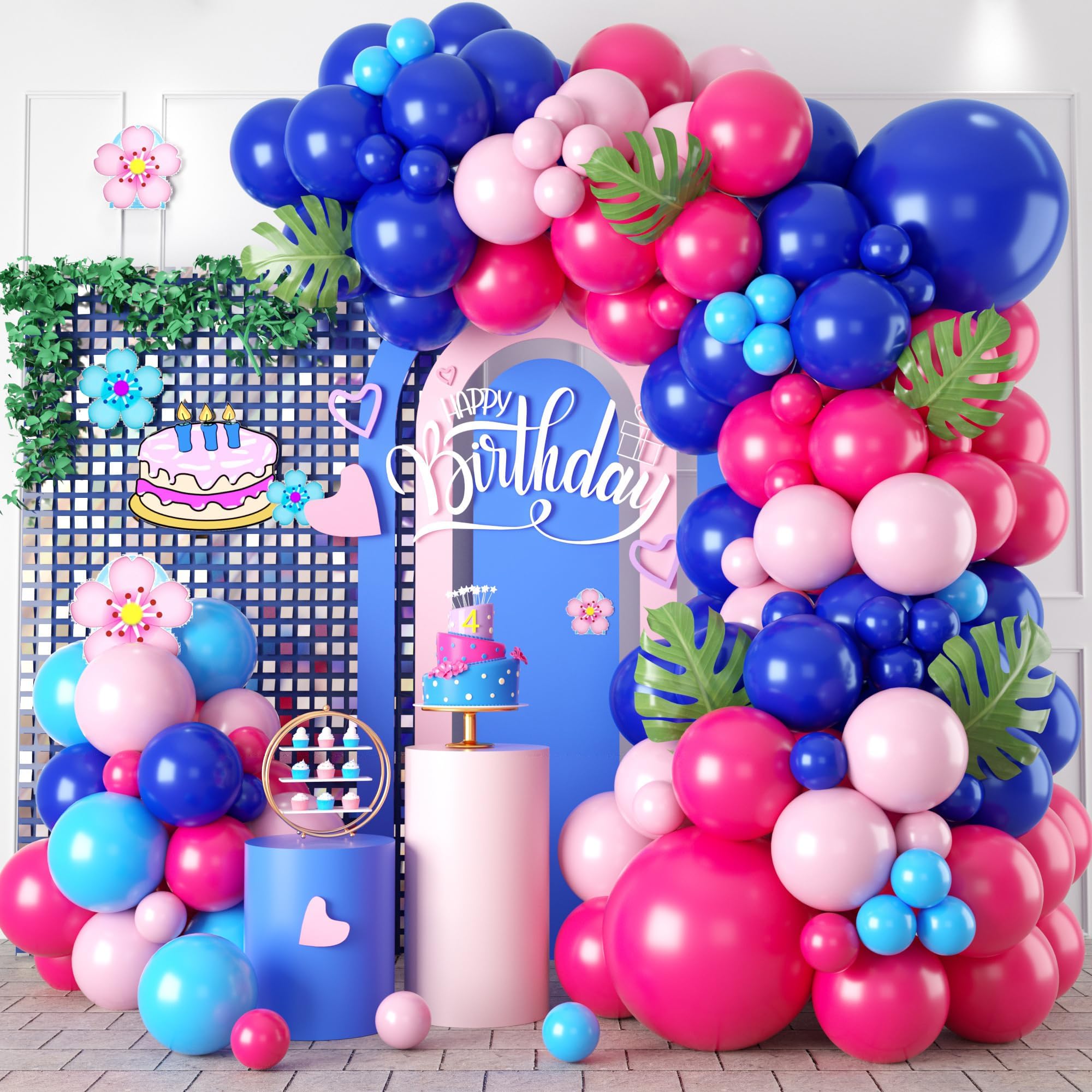 Blue Balloon Arch Kit,Royal Light Blue Hot Pink Balloons with Palm Leaves for Kids Girl Fun Themed Birthday Party Decorations Baby Shower Graduation Summer Pool Tropical Party Supplies