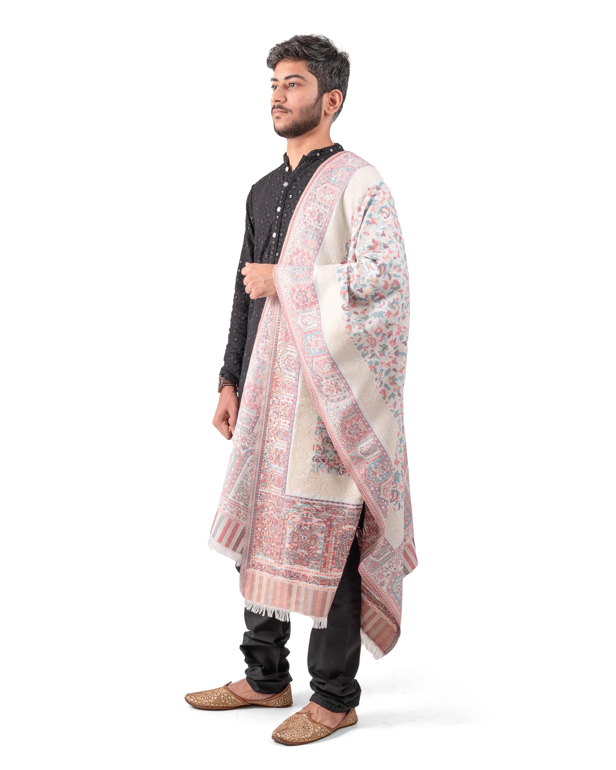 naureen Men Faux Pashmina Kani Stole with Mughal Artwork and Zari Accents, Warm and Soft, 28x80 inch-picture-15