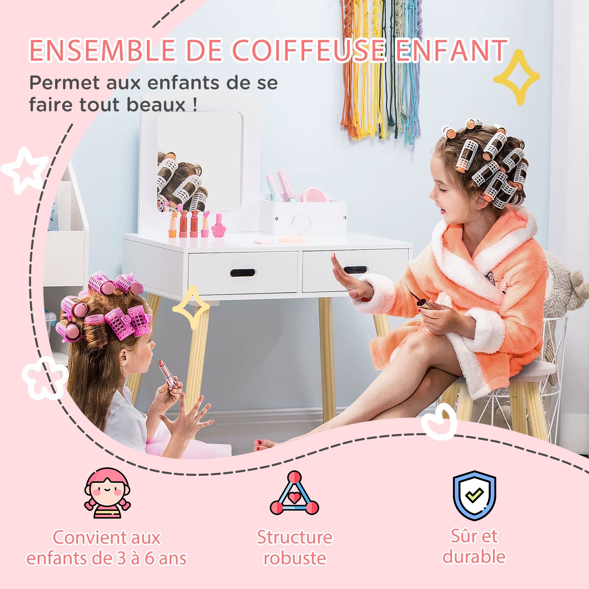 ZONEKIZ Coiffeuse Enfant Table de Maquillage avec Tabouret Miroir et 2 tiroirs 3 à 6 Ans - 60 x 40 x 95 cm - Blanc et Bois