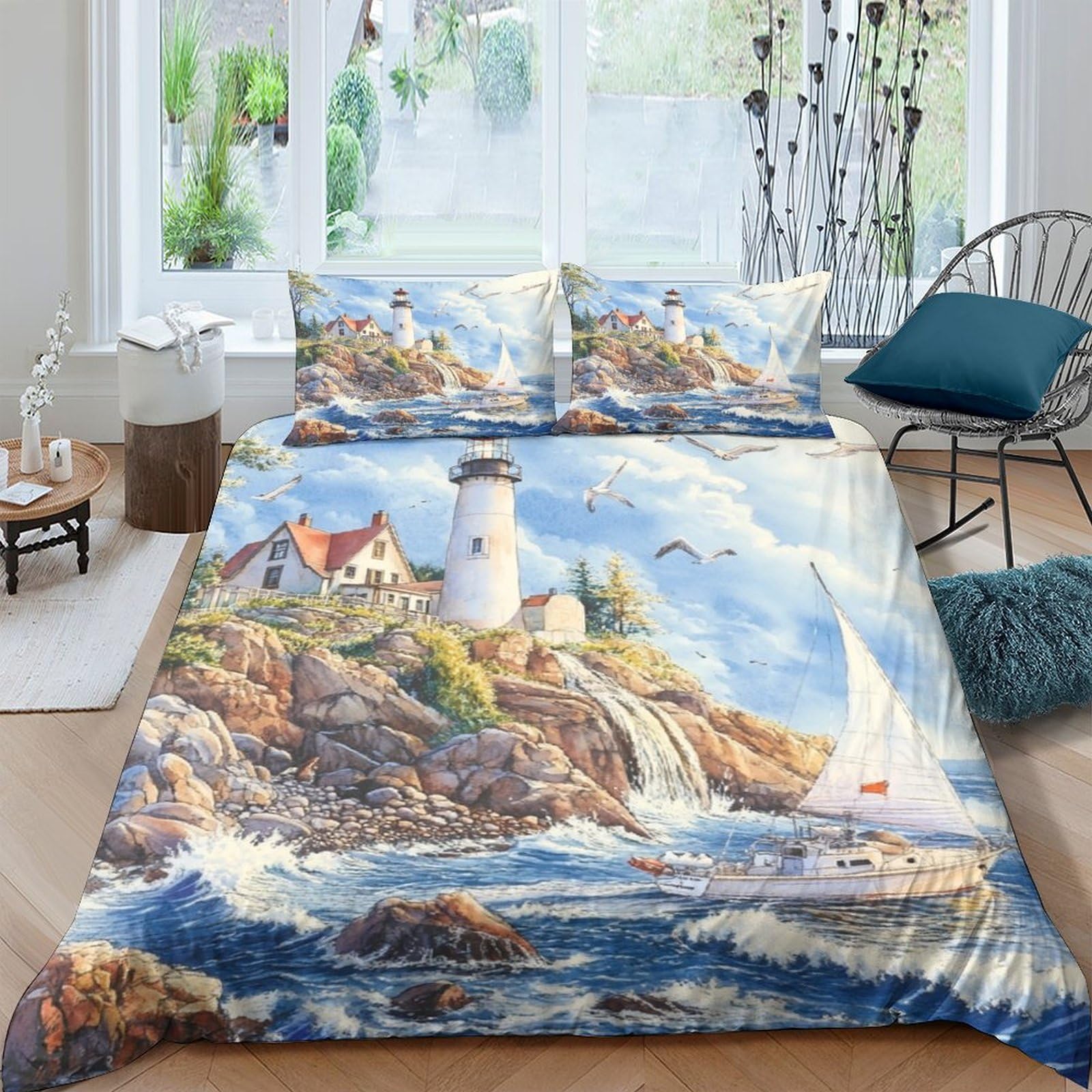 Ctjqhvkz Style-2 3D Printed Lighthouse Coastal Fitted Sheet Microfiber Soft Blue Ocean Waves Bed Cover For Bedroom Guest Room Decor Single（135X200cm）