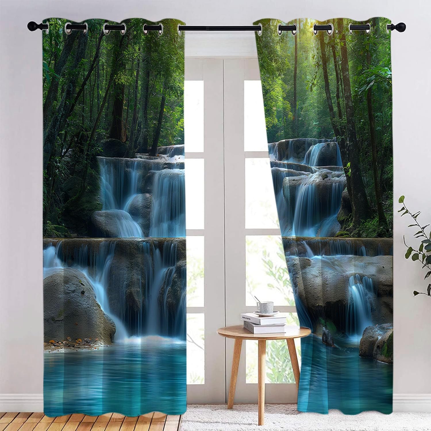 CozyRest Cortinas Opacas con Ojales, Parque de los Amantes del Bosque en Tailandia, Térmicas y Aislantes para Dormitorio o Salón, Cascada y Rocas 150 x 166 cm