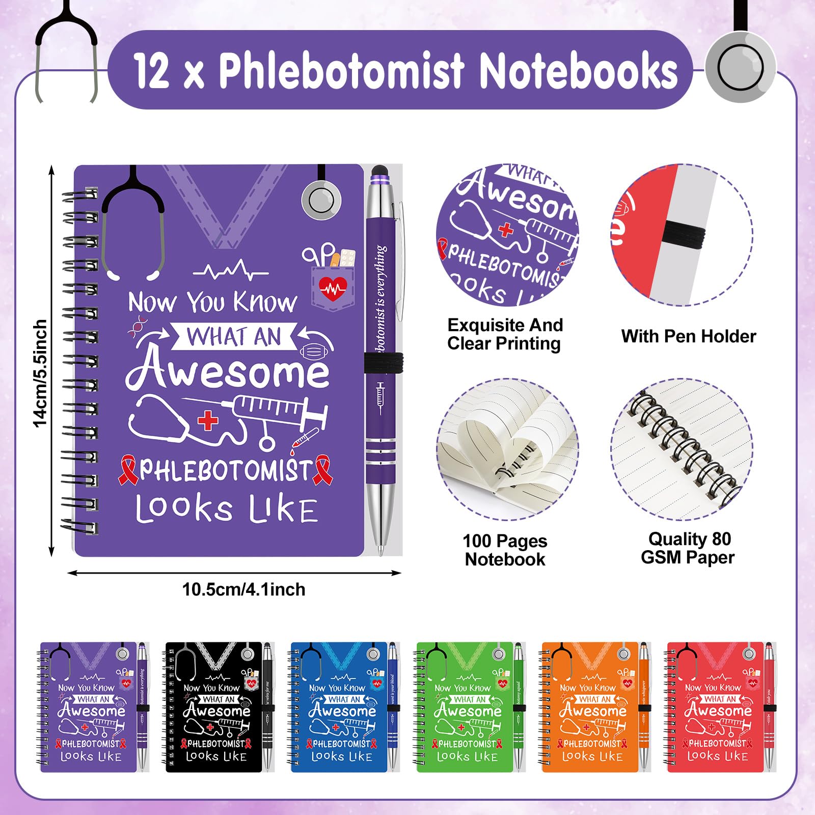 12 Sets Phlebotomist Week Gifts Phlebotomy Pens with Notebooks Inspirational Spiral Notebook Journal Ballpoint Pen Bulk Thank You Gifts for Nurse Coworkers Nursing Staff Student Medical Assistant