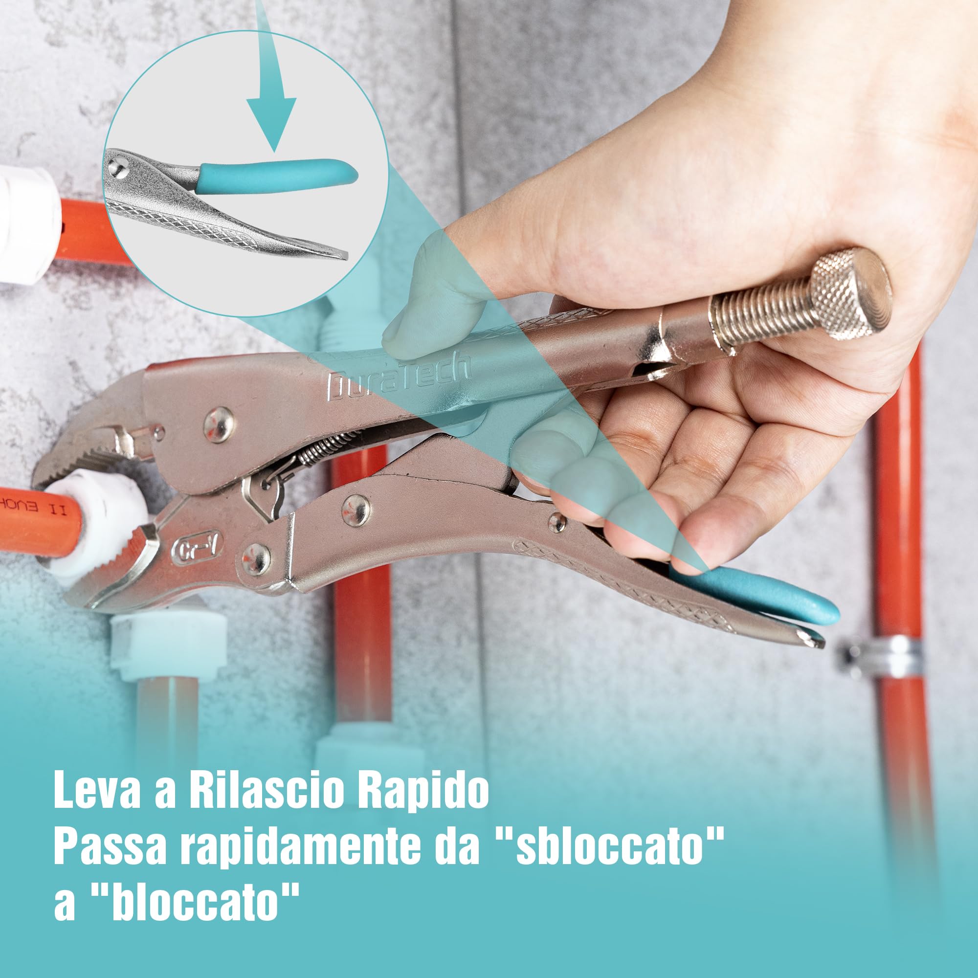 DURATECH 6 Pezzi Set di Pinze di Bloccaggio, 2 Pinze a Naso Lungo da 16,5 e 24 cm, 3 Pinze a Ganasce Curve da 12,7 e 17,8 e 25,4 cm, 1 Pinze con Morsetto a C da 15 cm, Custodia Incluso