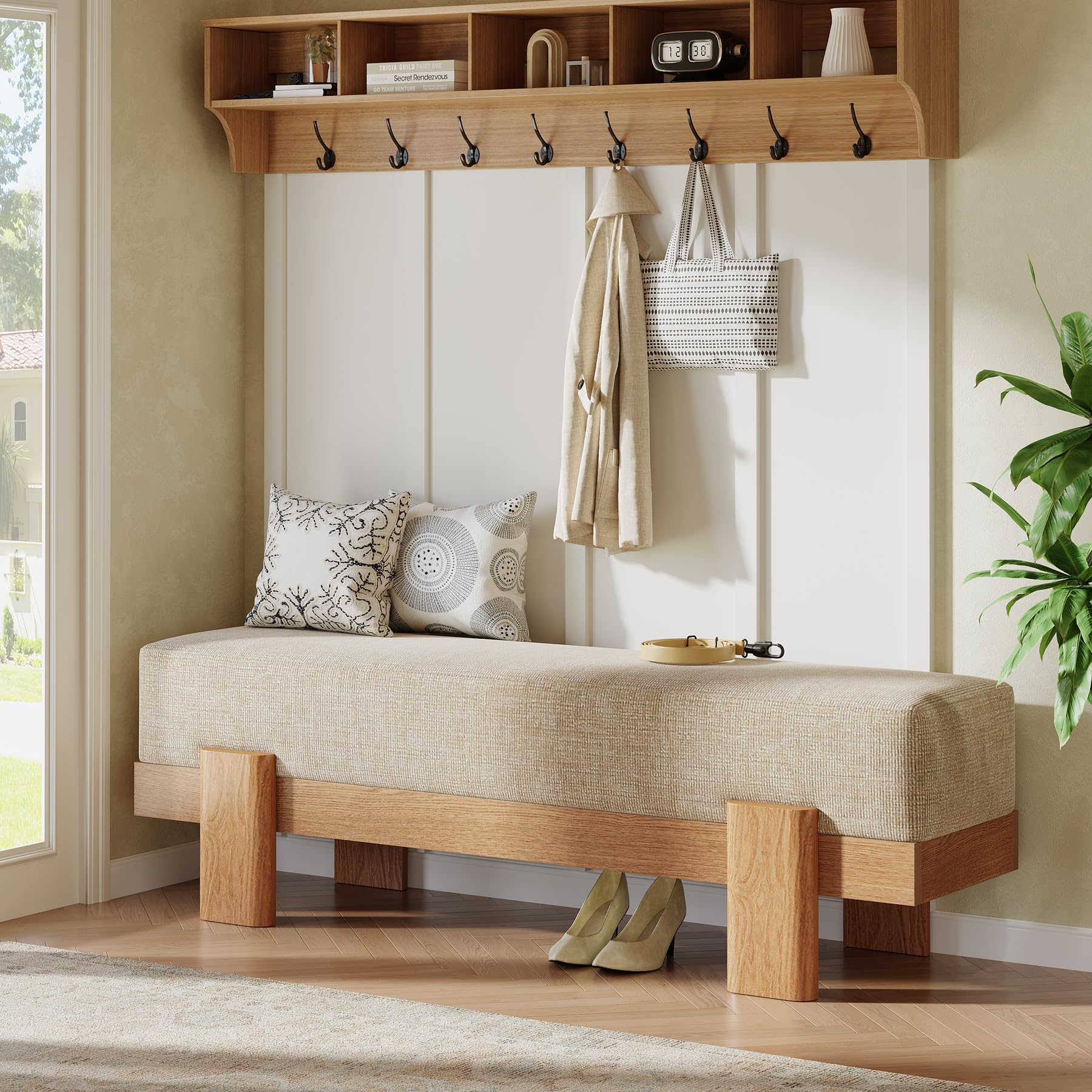 Tribesigns Banc Chaussures Entrée avec Tapissé, 140 x 35 x 45 cm, Moderne Banc à Chaussures avec Coussin épais Ultra-Moelleux et Structure en MDF, Bout de Lit pour Chambre à Coucher, Beige et Chêne