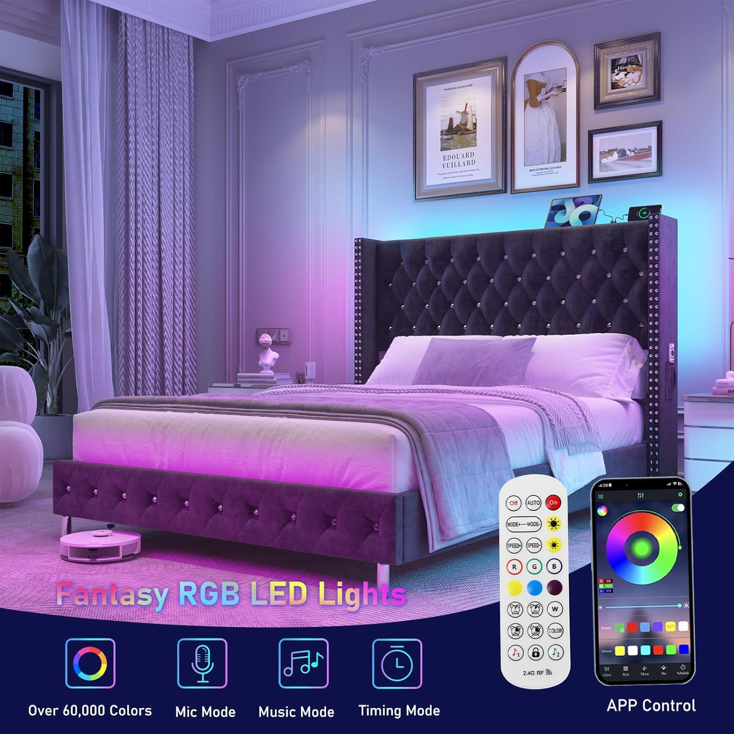 Hlivelood Queen LED Upholstered Bed Frame with Wingback Headboard, Velvet Diamond Button Tufted Bed Frame w/USB&Type-C Ports, Pocket and LED Lights, Wood Slats Support, No Box Spring Needed, Dark Grey