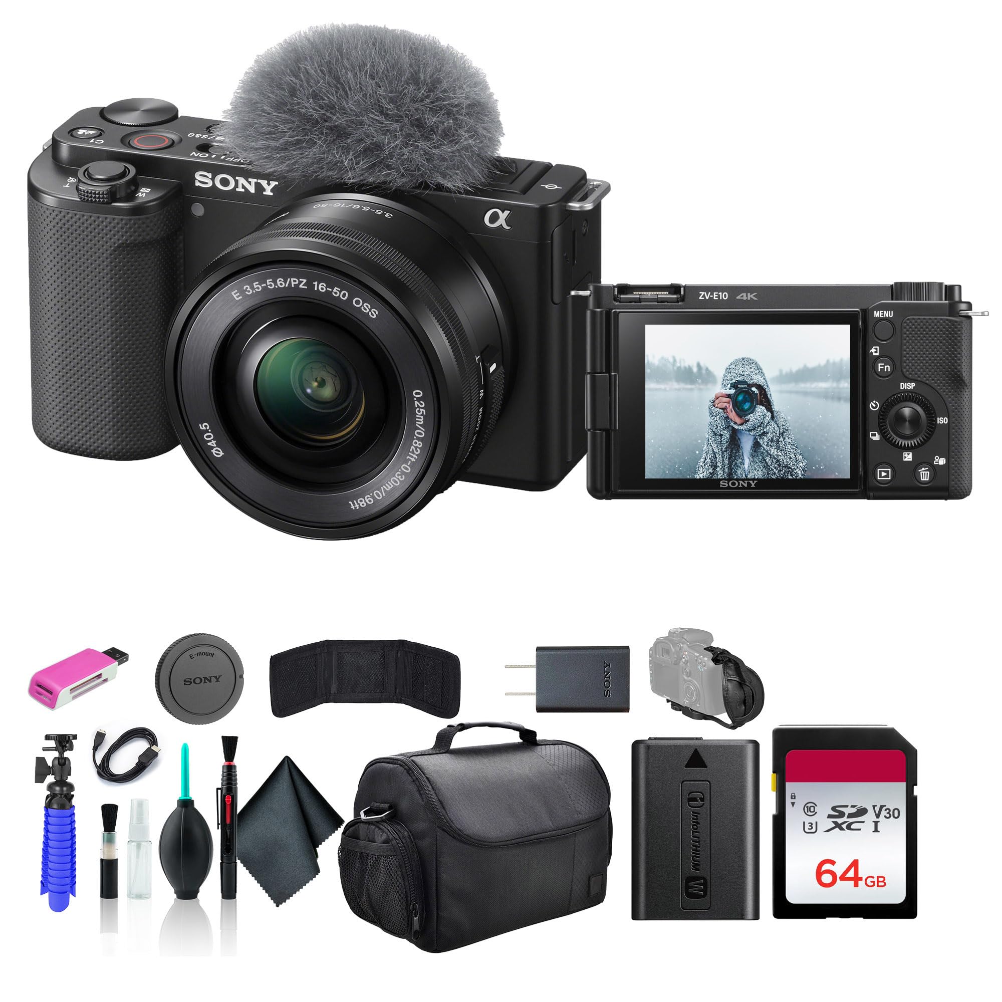 SonyZV-E10 Mirrorless Camera Black with 16-50mm Power Zoom Lens (ILCZV-E10L) – 24.2 MP APS-C Sensor, 4K Video, Vari-Angle Screen w/ 64GB Memory Card, Bag, Card Reader and More