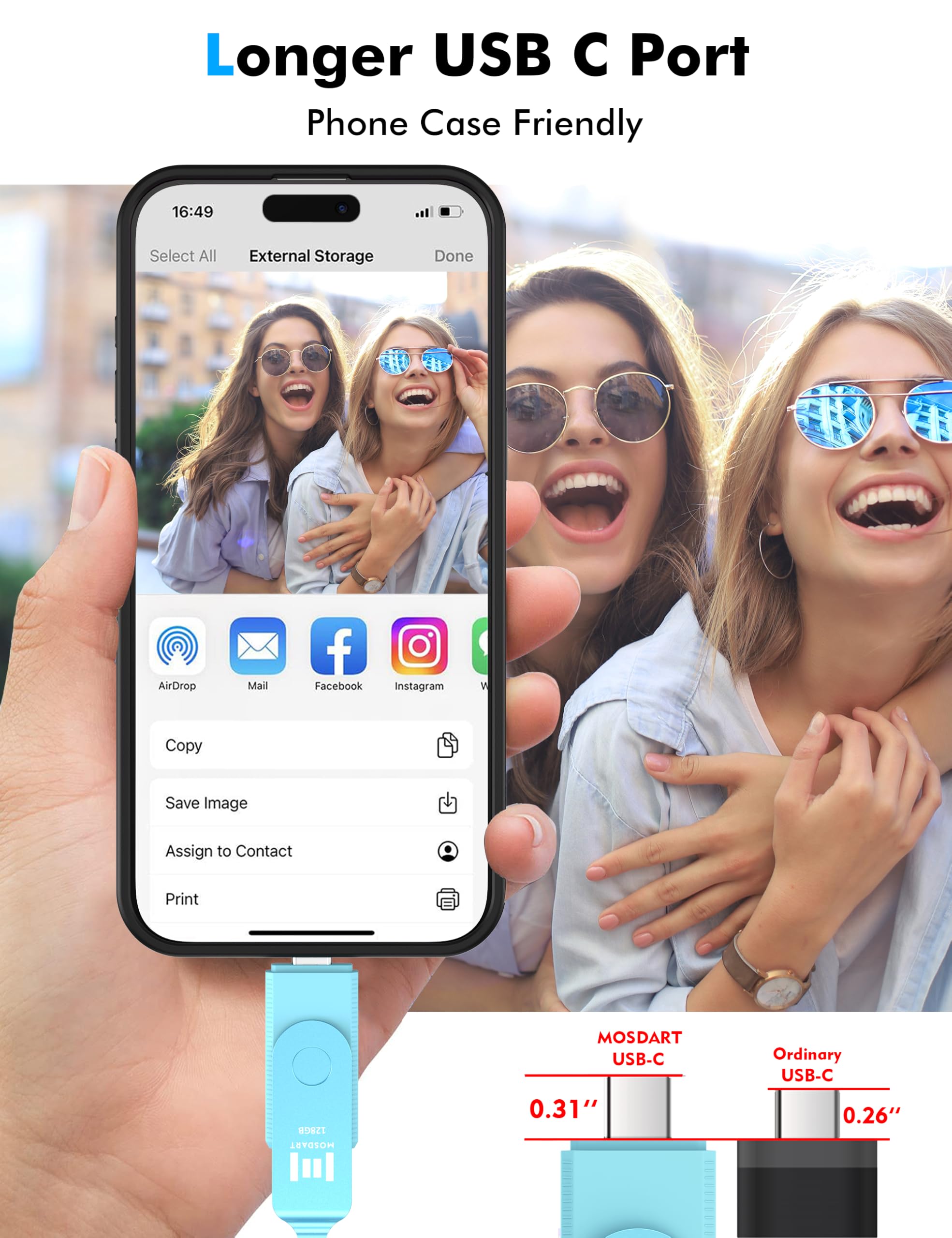MOSDART Unidad Flash Dual USB C rápida de 128 GB con Llavero, Memoria USB 3.1 Tipo C 2 en 1 para teléfonos Android USB-C, iPhone 15, MacBook, iPad, computadoras y más, Azul