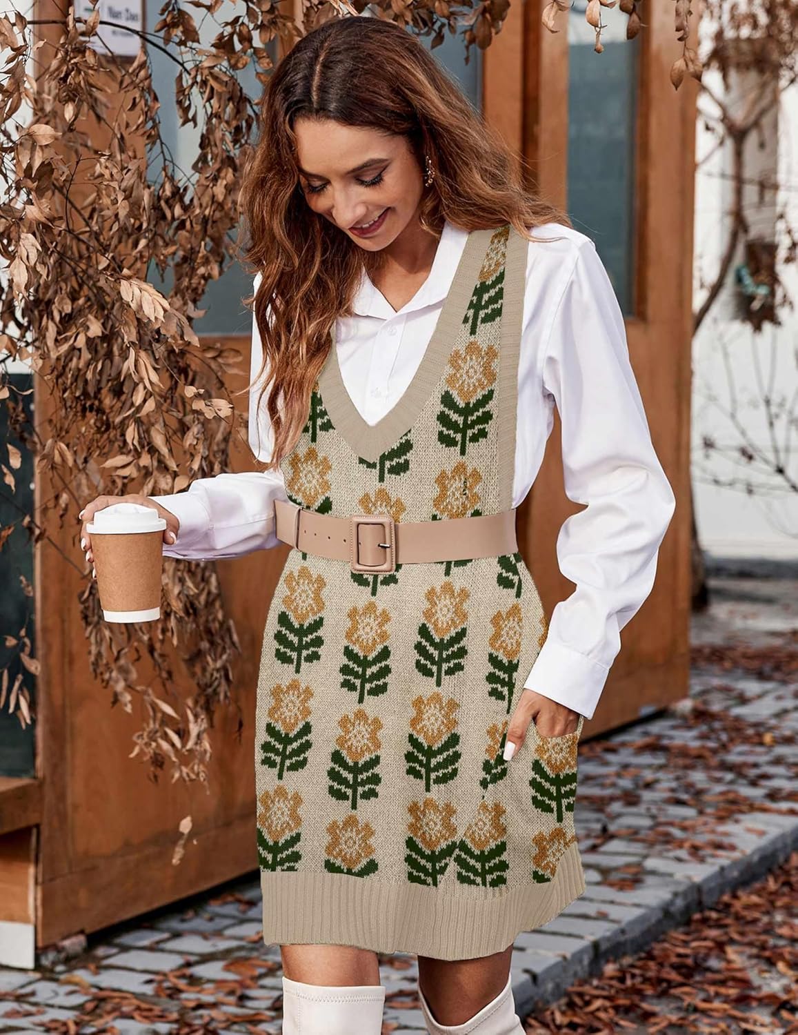 Zeagoo Womens Sweater Vest Dress Pattern Knitted Pullovers Sweaters V Neck Tank Sweater Dress with Pockets - Image 5