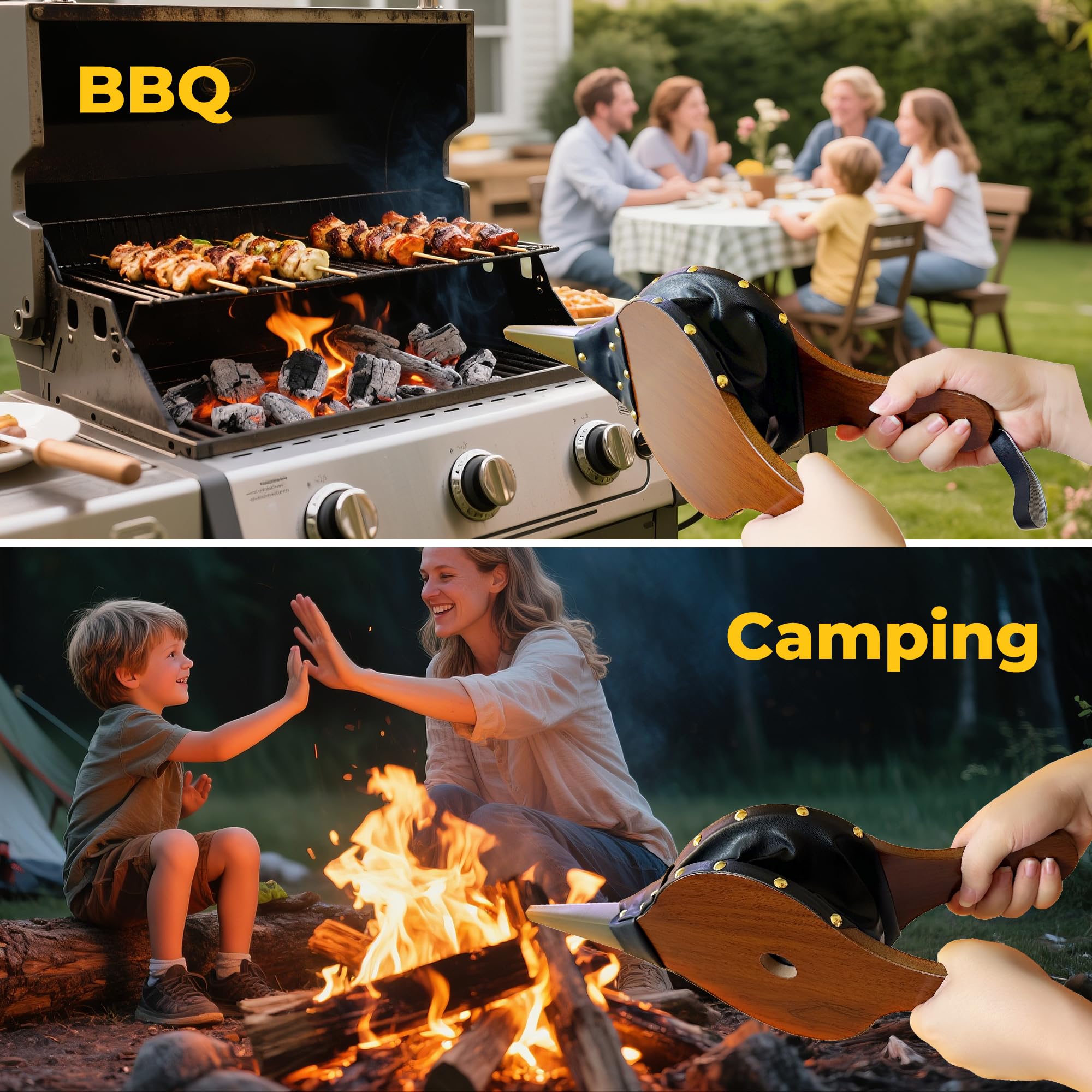 Amagabeli 42 x 17cm Holz Blasebalg für Kamin & Grill Grillblasebalg Grillgebläse Handblasebalg Luftgebläsebalg für Draussen Camping Holz Gebläse für Kamin Ofen Braun