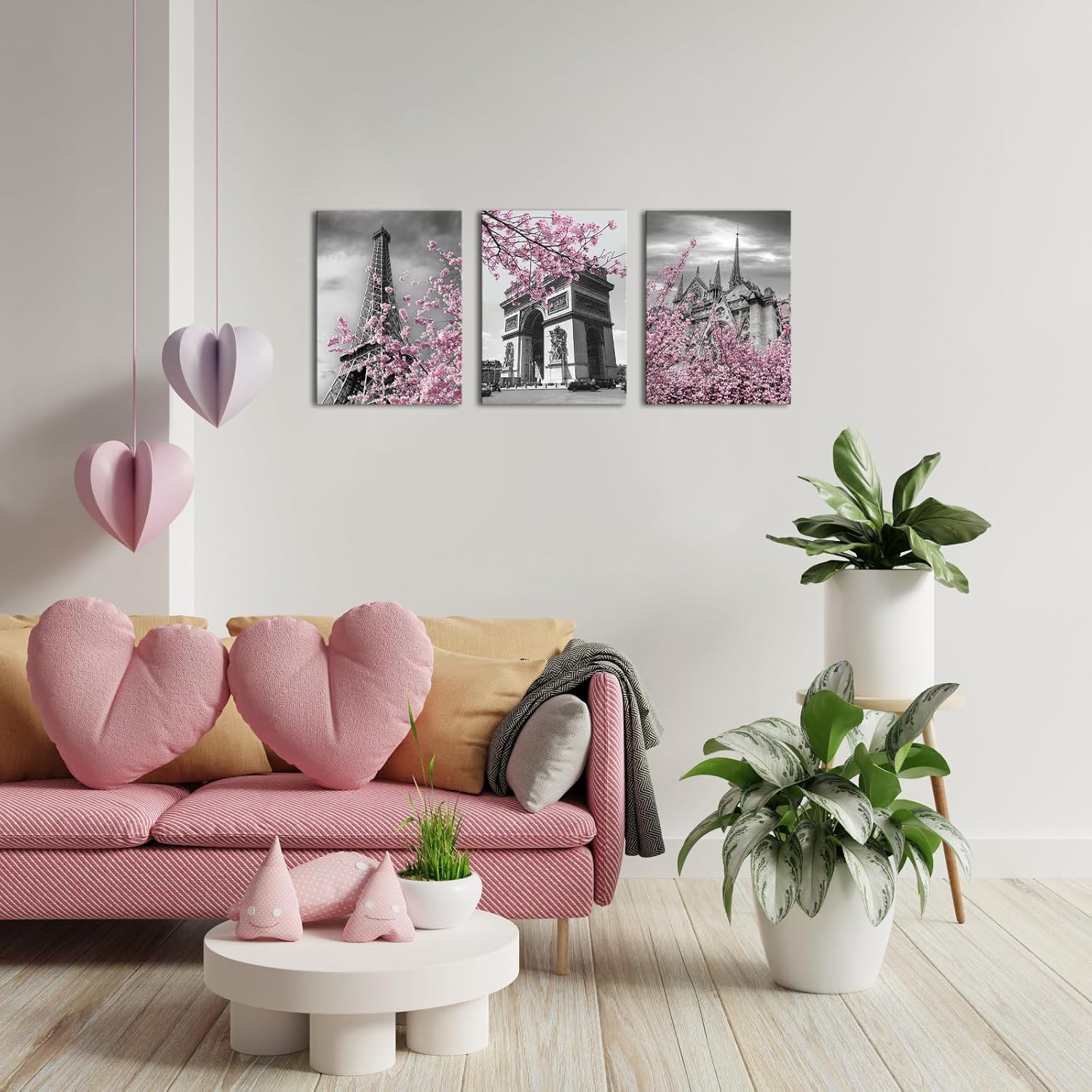 iKNOW FOTO Paris Wall Decor for Bedroom & Bathroom - 12x16 Framed Canvas Prints Set, Eiffel Tower, Notre Dame, Arc de Triomphe with Cherry Blossom - Pink, Black & White Modern Home Art