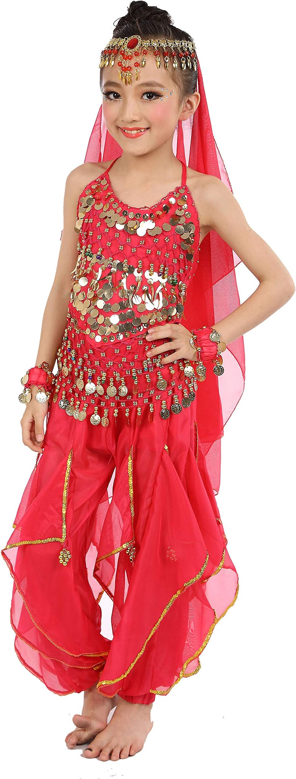 Kids Girls Belly Dance Halter Top Pants Costume Set Halloween Outfit with Head Veil Waist Chain and Bracelets