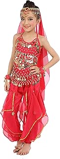 Cielary Kids Girls Belly Dance Halter Top Harem Pants Costume Set Halloween Outfit with Head Veil Waist Chain and Bracelets(Hot Pink,S)