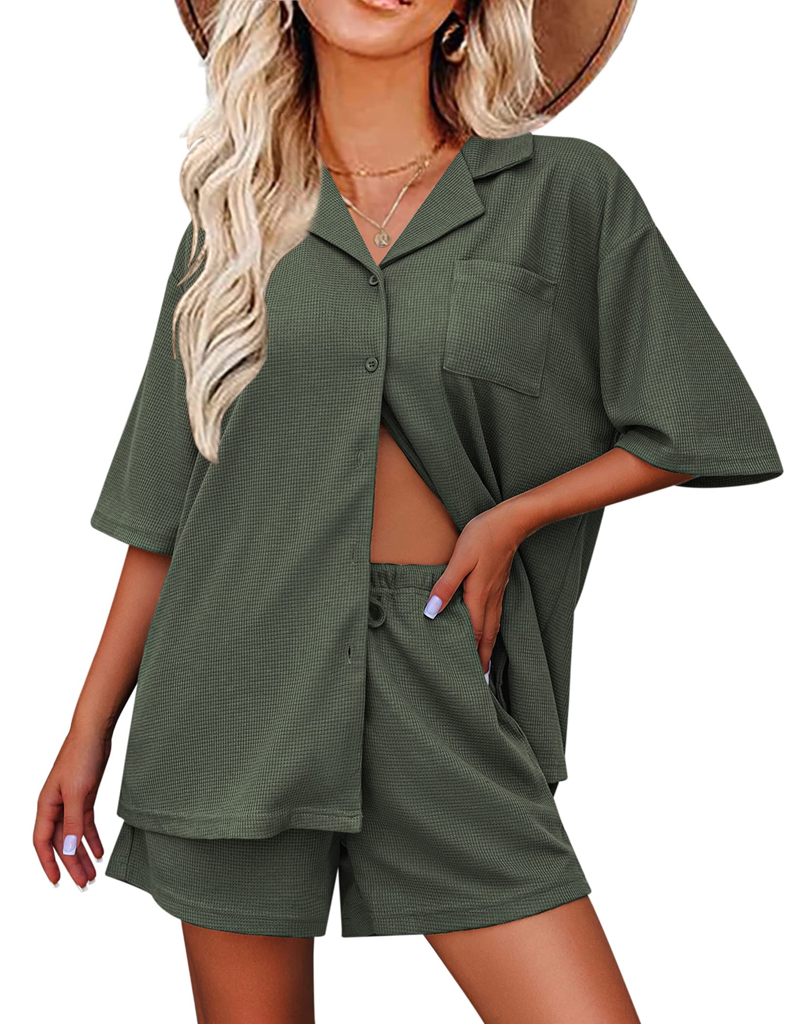 EkouaerPajamas for Women Button Up Lounge Set Waffle Knit Loungewear Short Sleeve Pjs 2 Piece Sleepwear Shorts Set